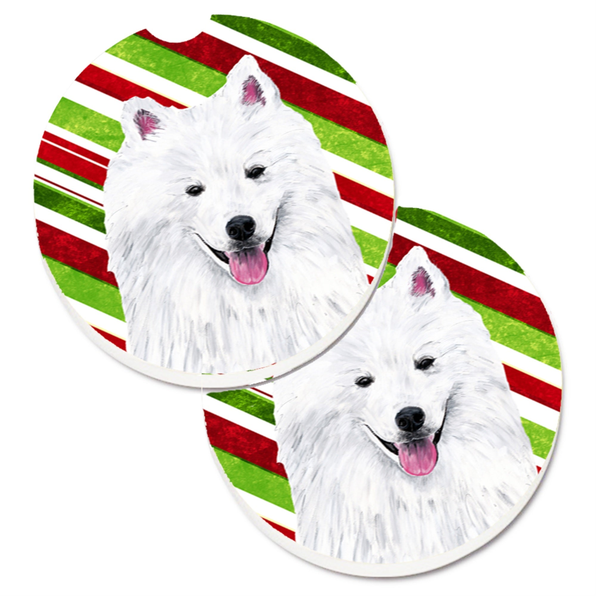 Carolines Treasures American Eskimo Candy Cane Holiday Christmas Set of 2 Cup Holder Car Coasters SC9339CARC2.56 Multicolor