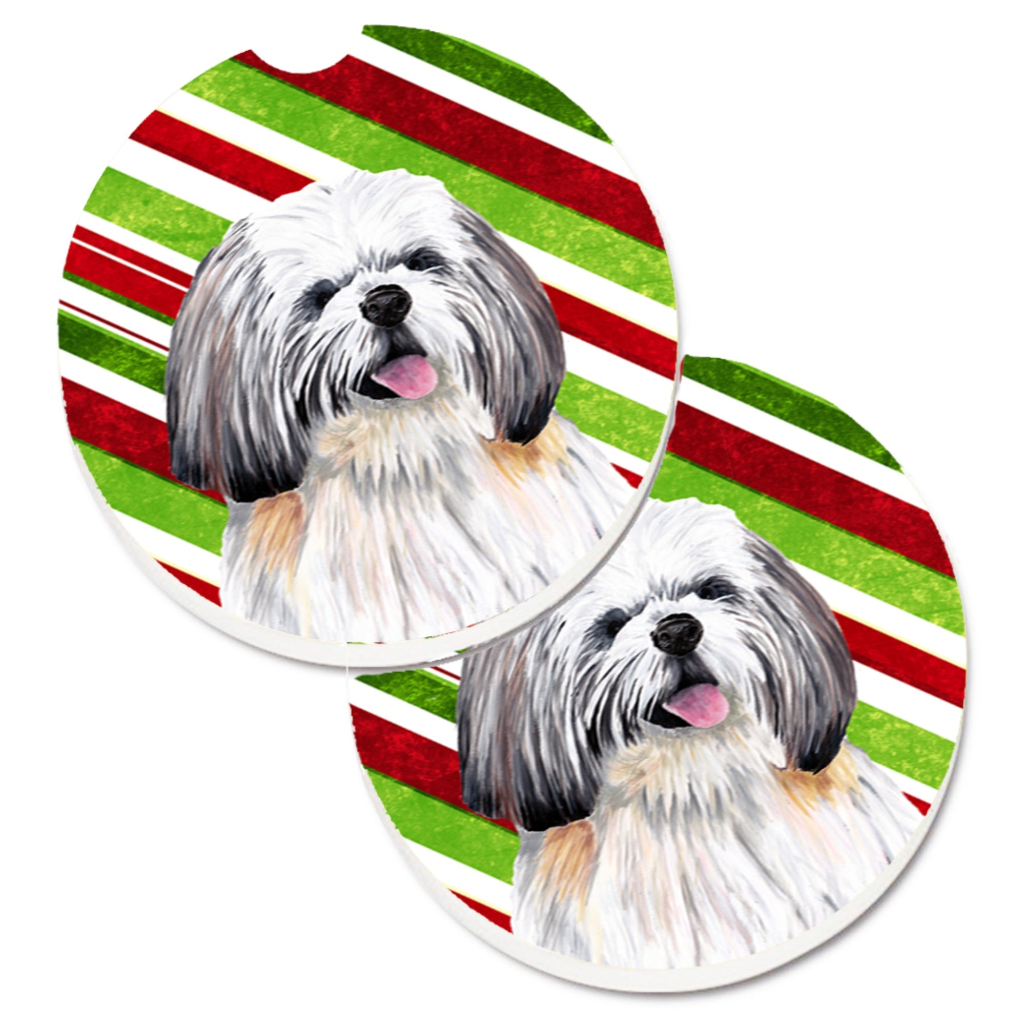 Carolines Treasures Shih Tzu Candy Cane Holiday Christmas Set of 2 Cup Holder Car Coasters SC9343CARC2.56 Multicolor