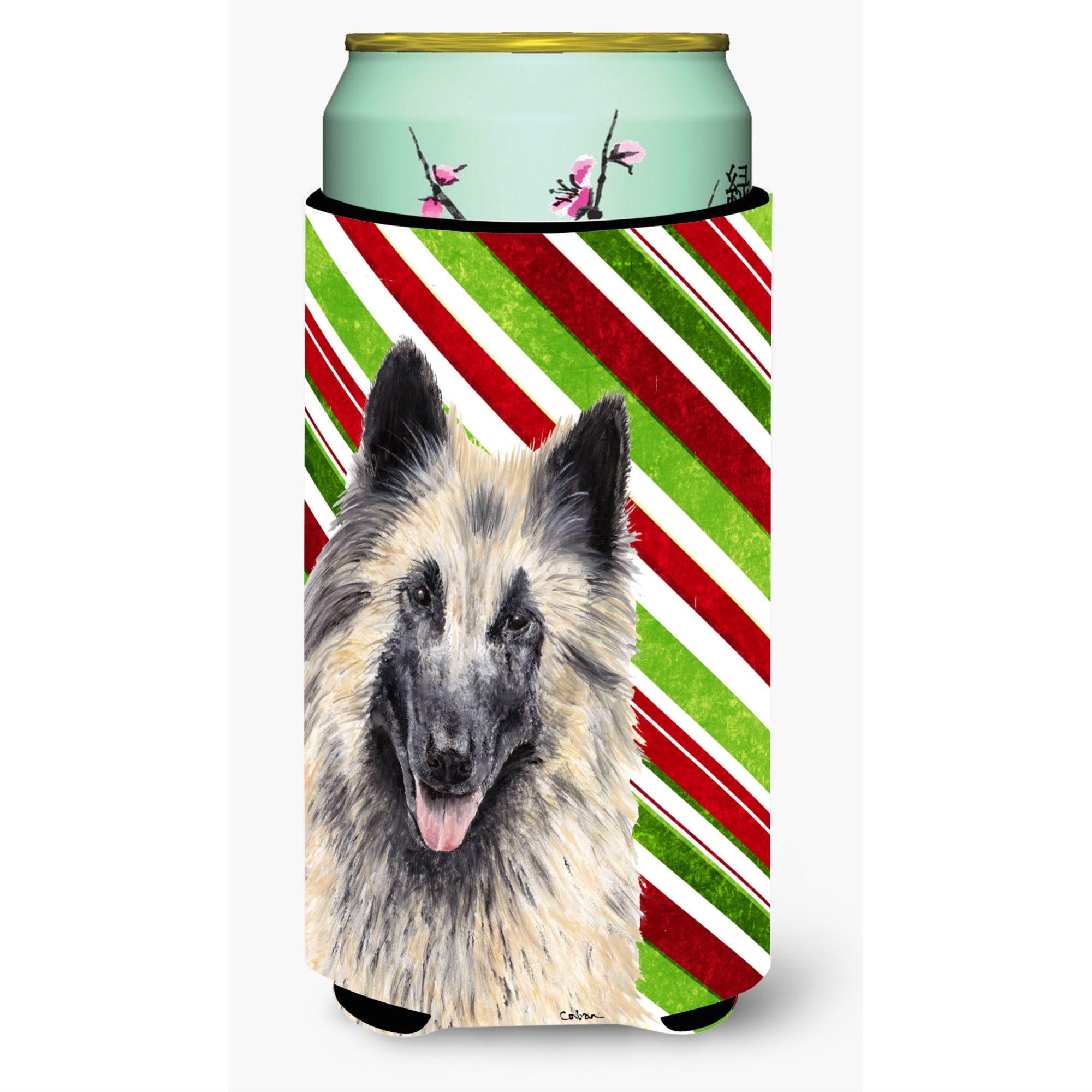 Belgian Tervuren Candy Cane Holiday Christmas  Tall Boy Beverage Insulator Beverage Insulator Hugger