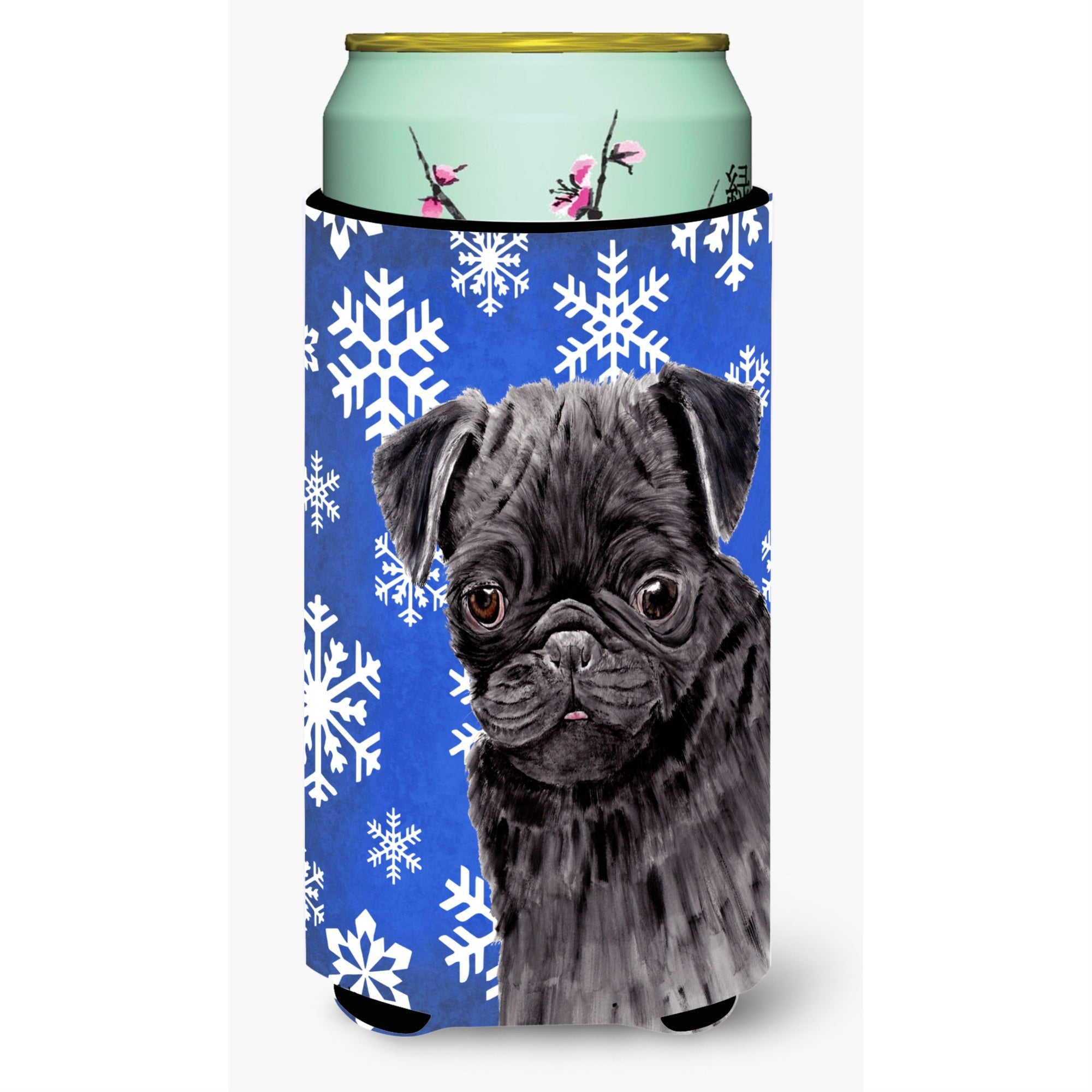Pug Winter Snowflakes Holiday  Tall Boy Beverage Insulator Beverage Insulator Hugger