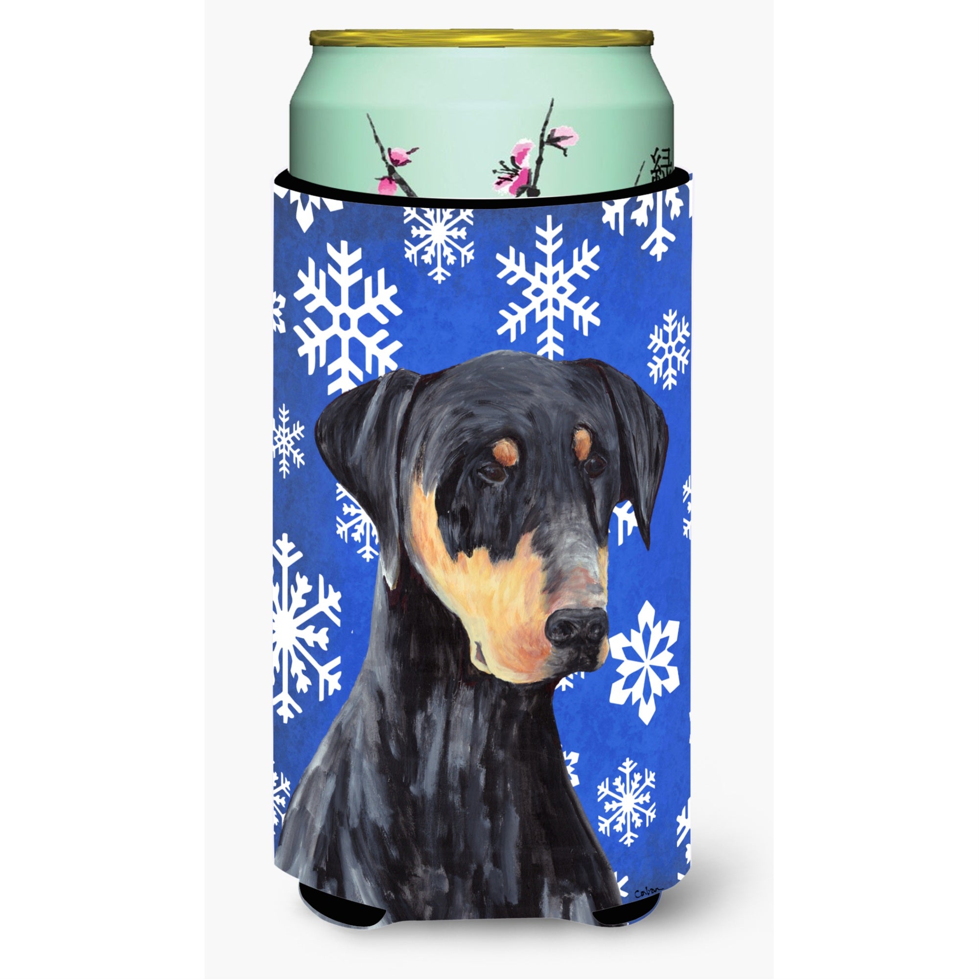 Doberman Winter Snowflakes Holiday  Tall Boy Beverage Insulator Beverage Insulator Hugger