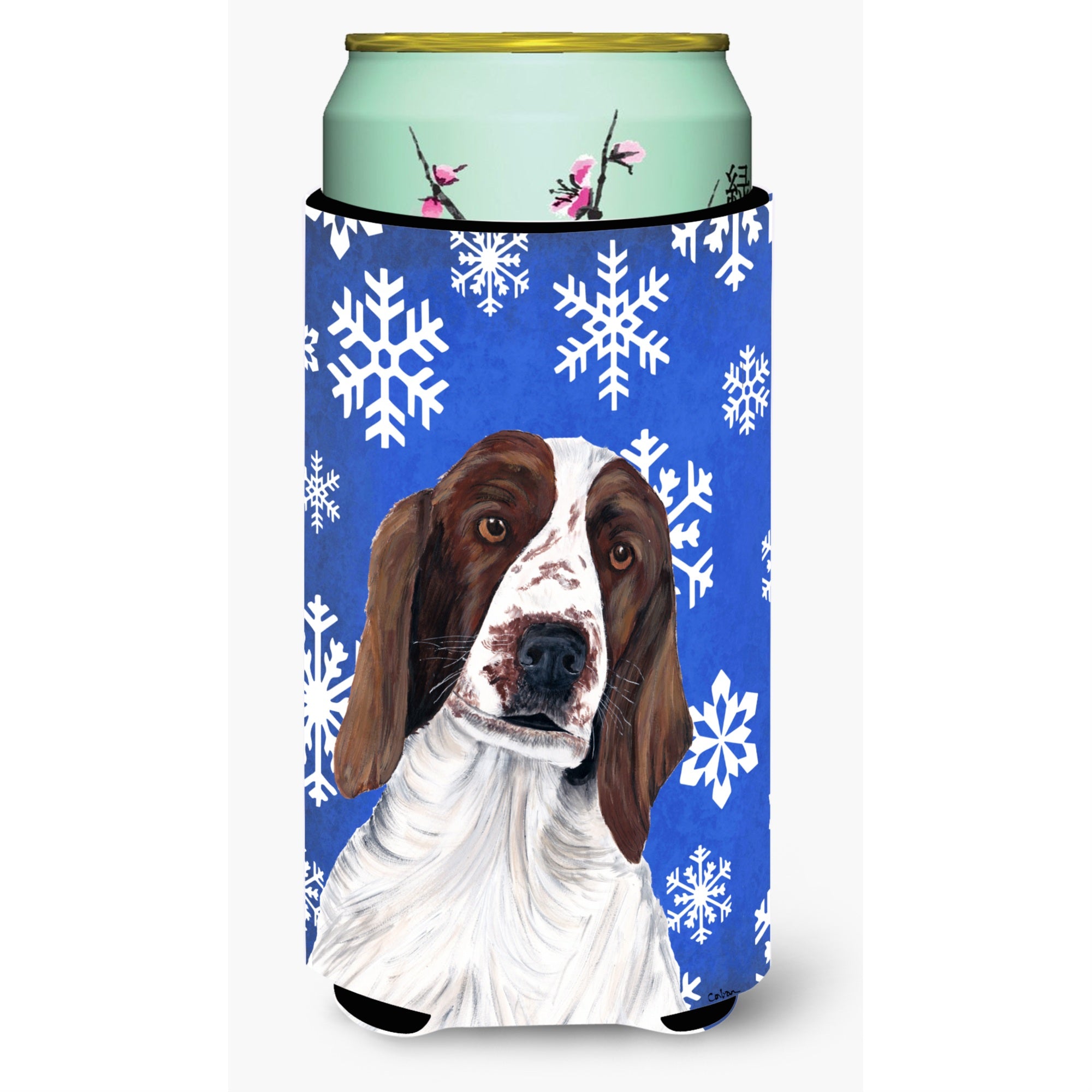 Welsh Springer Spaniel Winter Snowflakes Holiday  Tall Boy Beverage Insulator Beverage Insulator Hugger