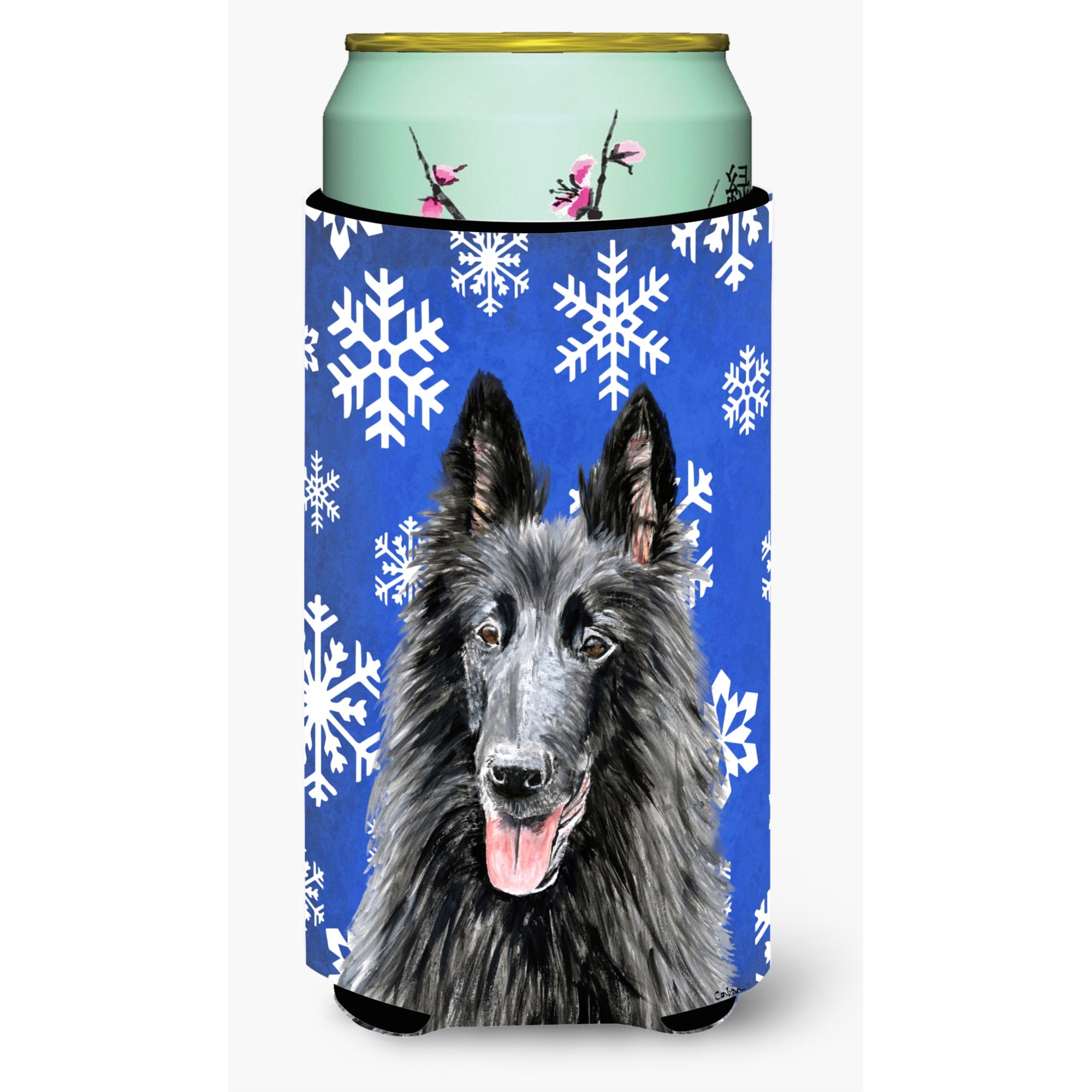 Belgian Sheepdog Winter Snowflakes Holiday  Tall Boy Beverage Insulator Beverage Insulator Hugger