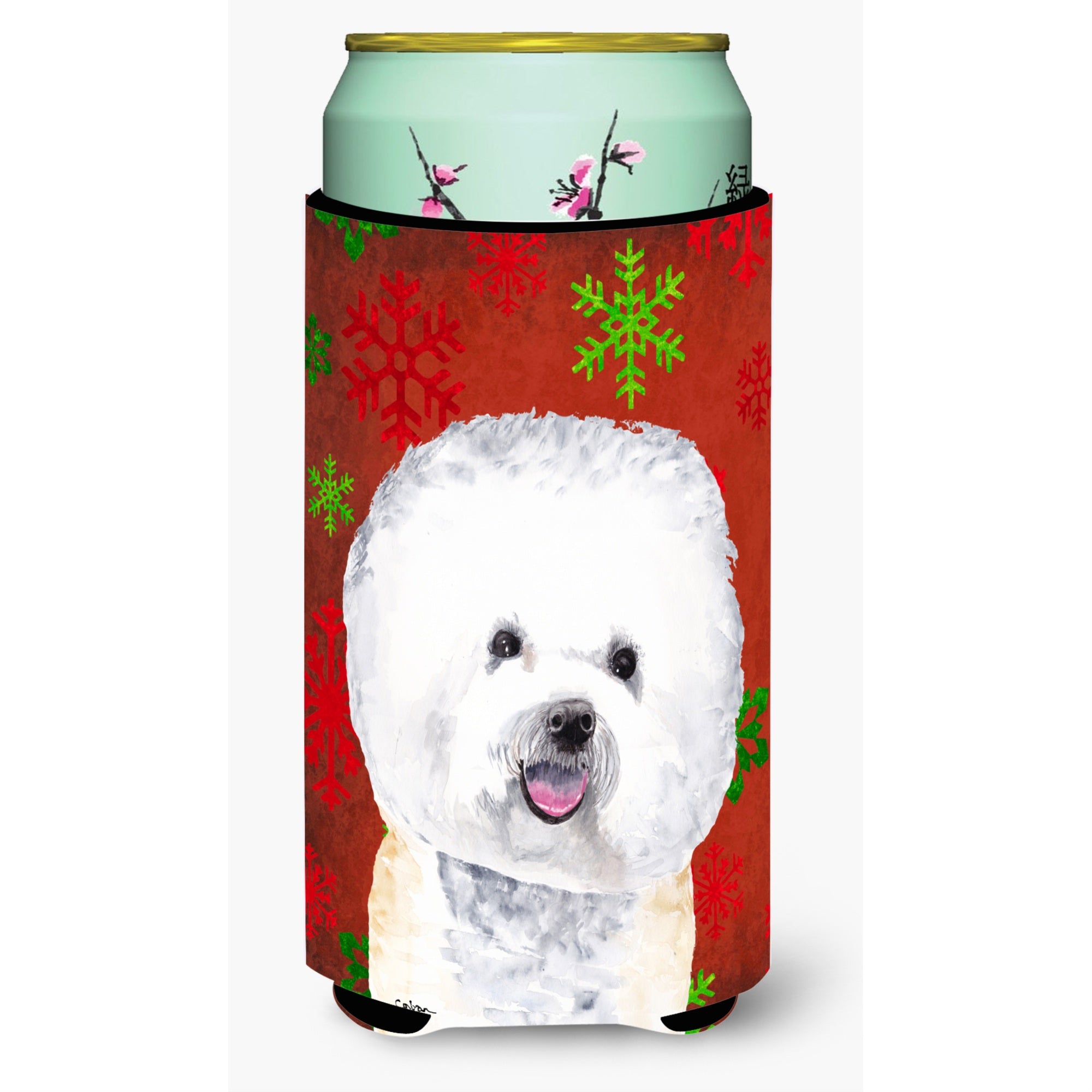Bichon Frise Red And Green Snowflakes Holiday Christmas  Tall Boy Beverage Insulator Beverage Insulator Hugger