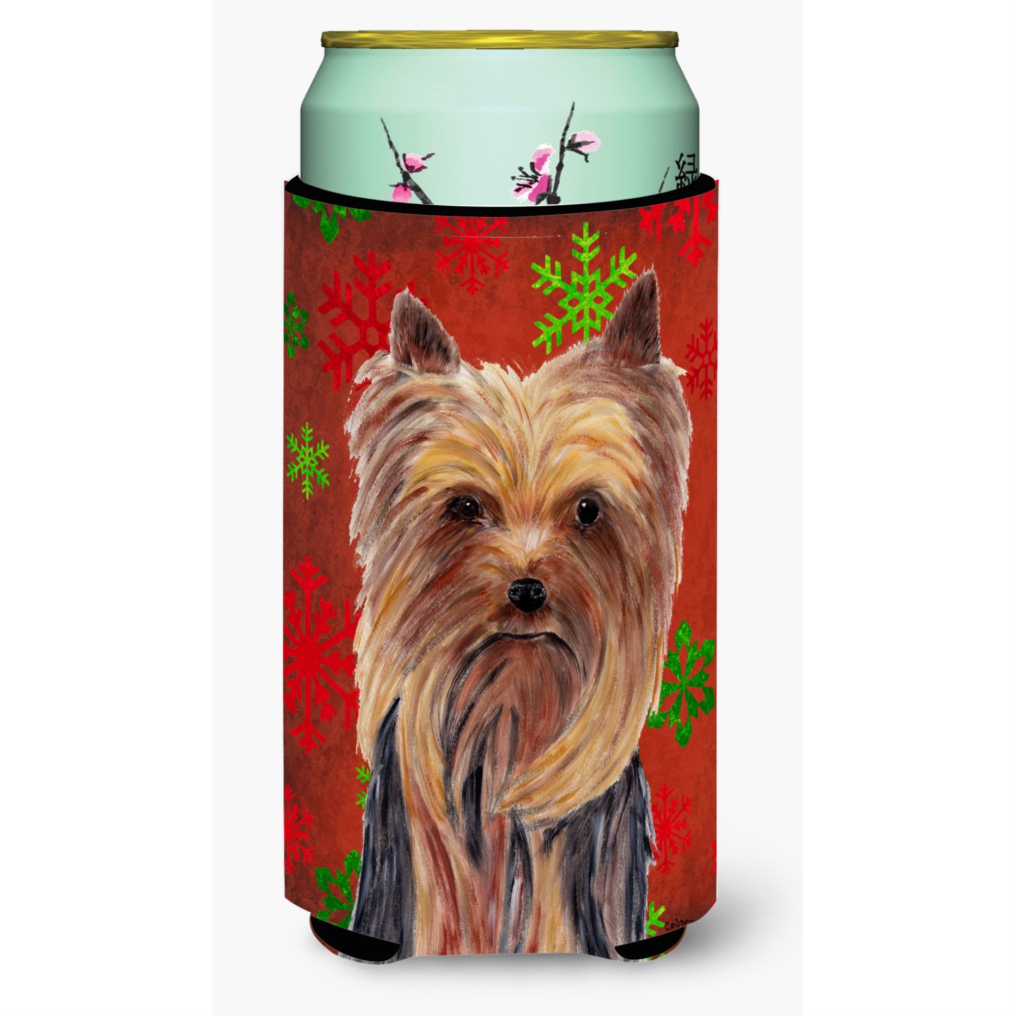 Yorkie Red And Green Snowflakes Holiday Christmas  Tall Boy Beverage Insulator Beverage Insulator Hugger