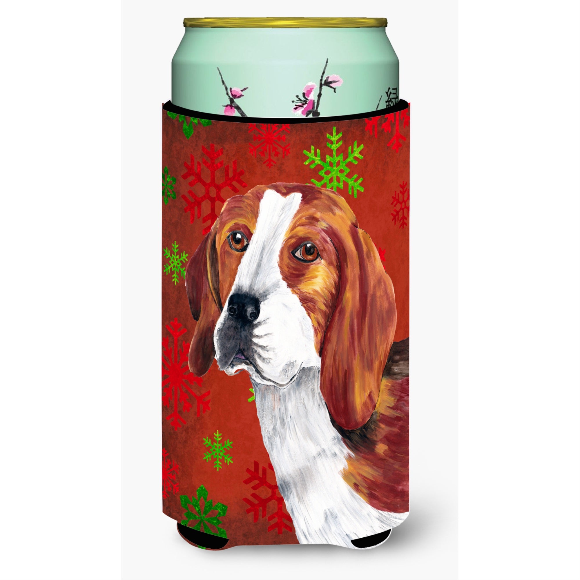 Beagle Red And Green Snowflakes Holiday Christmas  Tall Boy Beverage Insulator Beverage Insulator Hugger