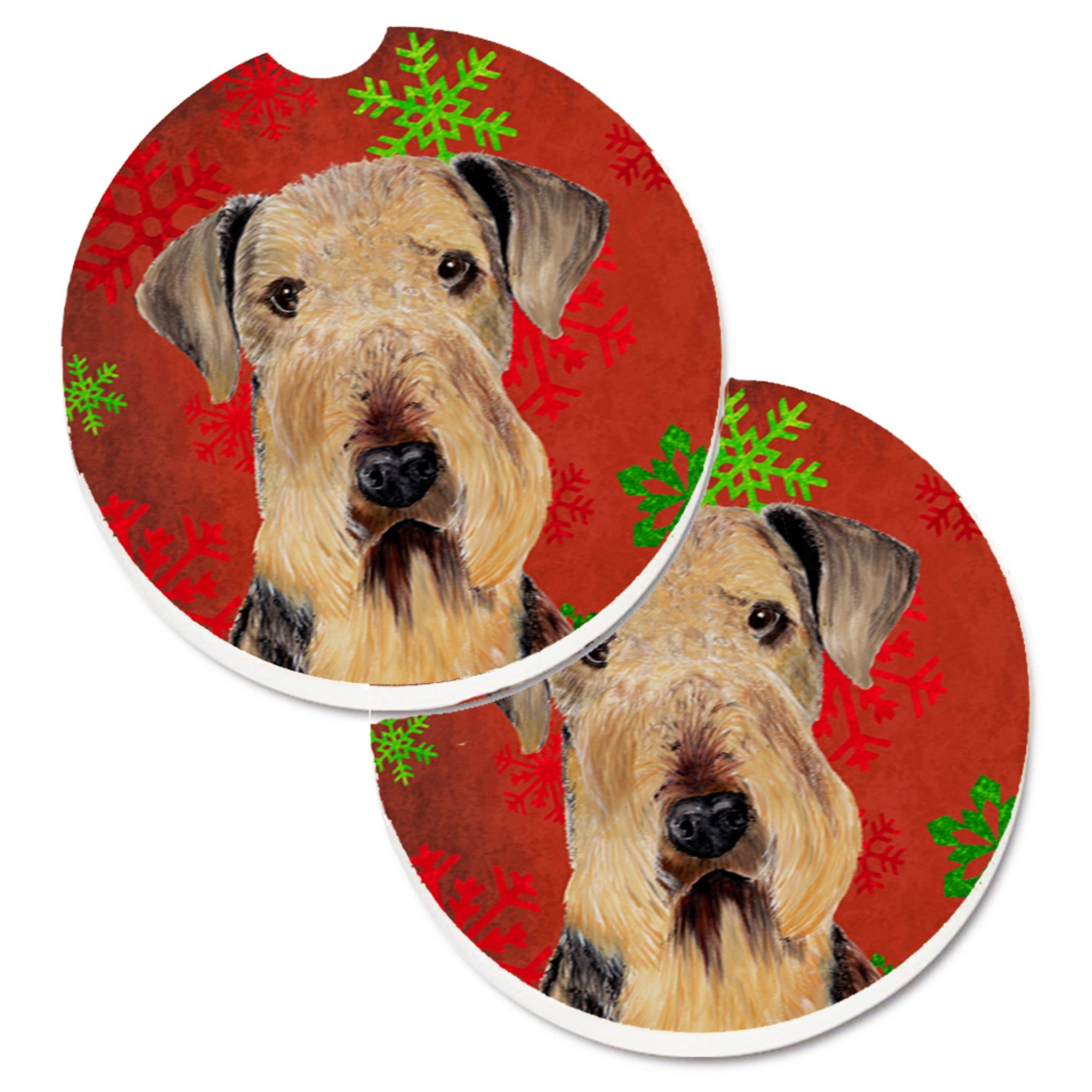 'Caroline'S Treasures Airedale Red & Green Snowflakes Holiday Christmas Set Of 2 Cup Holder Car Coasters Sc9413Carc, 2.56, Mult