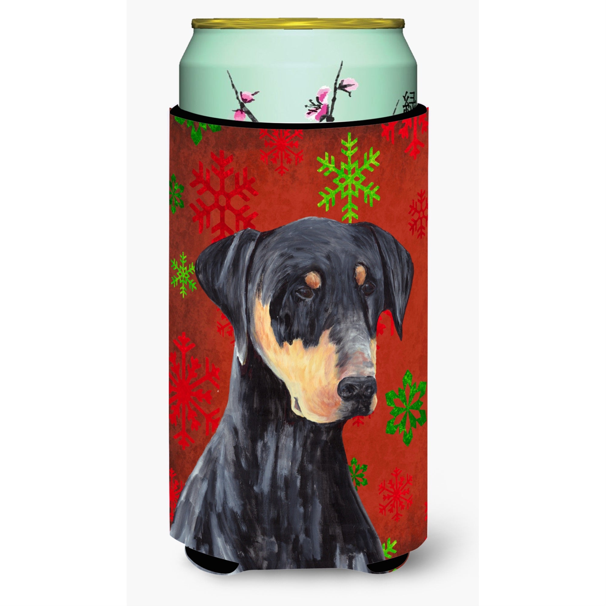 Doberman Red And Green Snowflakes Holiday Christmas  Tall Boy Beverage Insulator Beverage Insulator Hugger