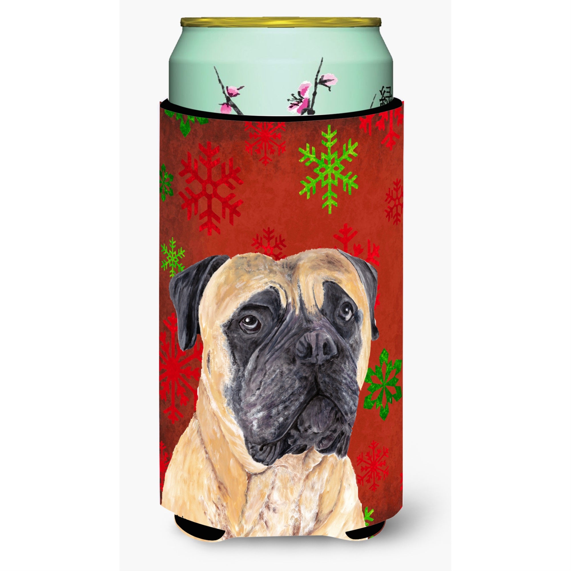Mastiff Red And Green Snowflakes Holiday Christmas  Tall Boy Beverage Insulator Beverage Insulator Hugger