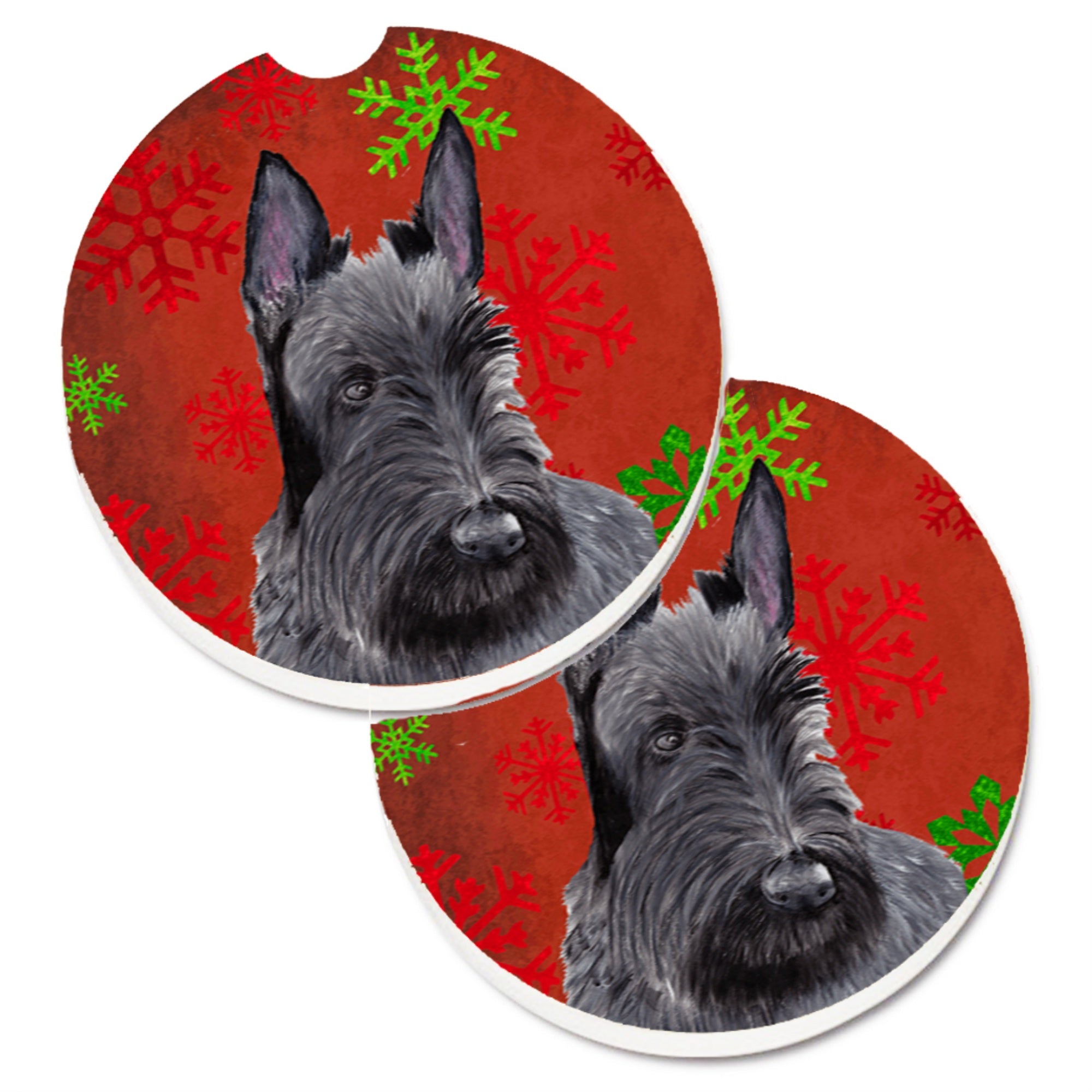 'Caroline'S Treasures Scottish Terrier Red & Green Snowflakes Holiday Christmas Set Of 2 Cup Holder Car Coasters Sc9426Carc, 2.