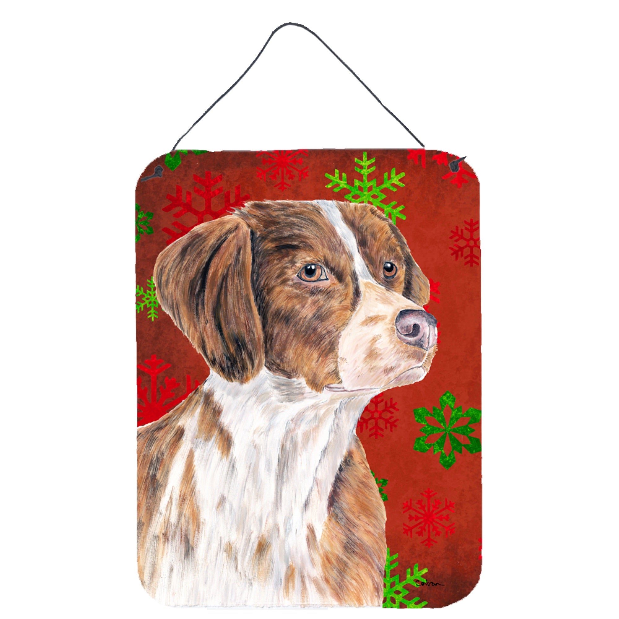 'Caroline'S Treasures Brittany Red And Green Snowflakes Holiday Christmas Wall Or Door Hanging Prints, 16'''' X 12'''', Multico