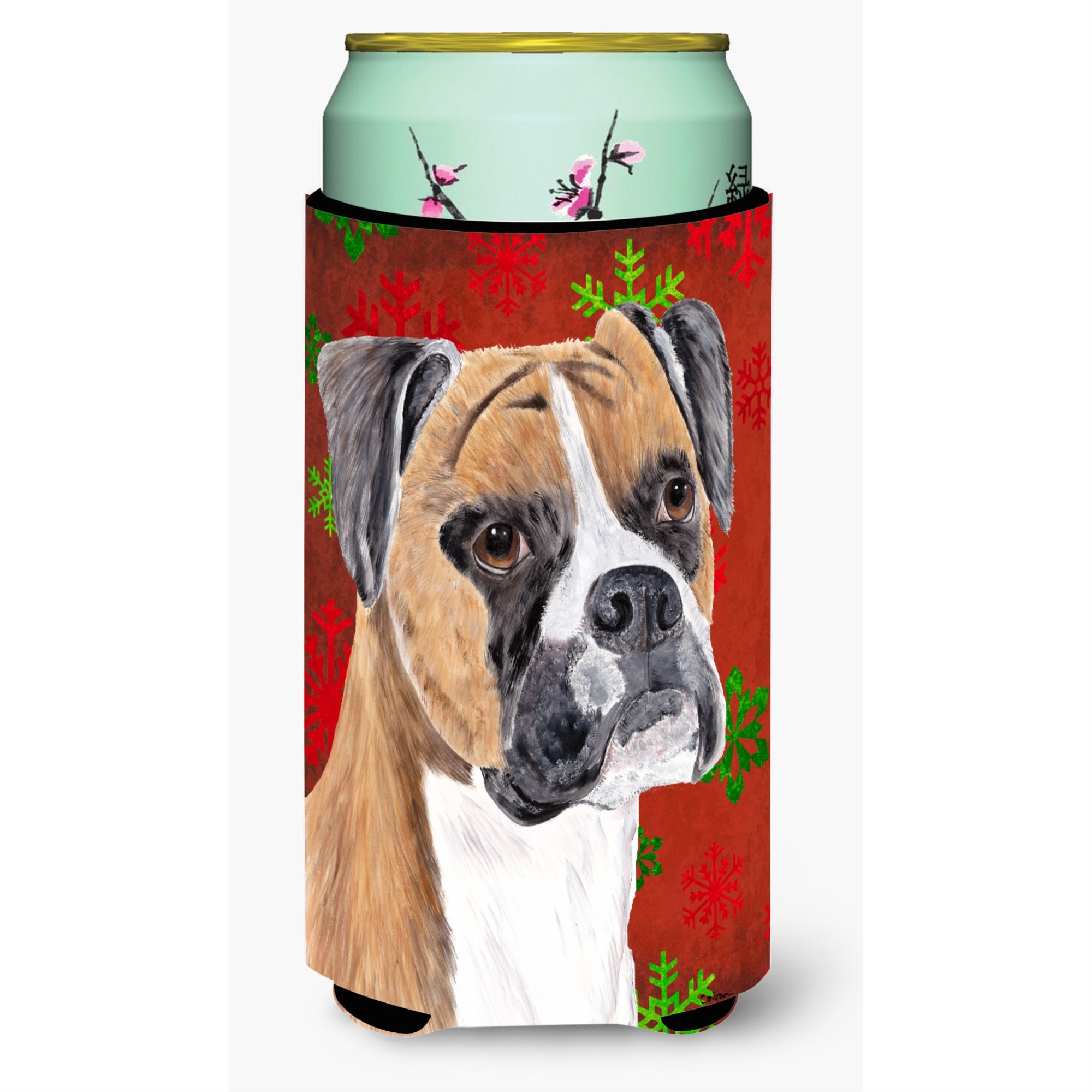 Boxer Red And Green Snowflakes Holiday Christmas  Tall Boy Beverage Insulator Beverage Insulator Hugger
