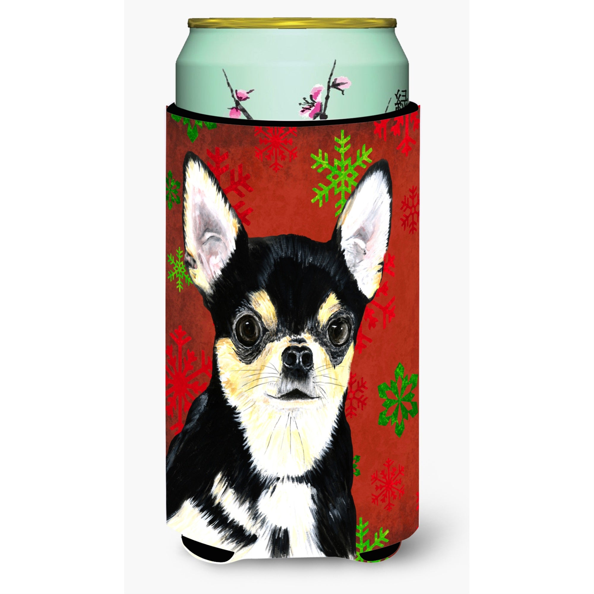 Chihuahua Red And Green Snowflakes Holiday Christmas  Tall Boy Beverage Insulator Beverage Insulator Hugger