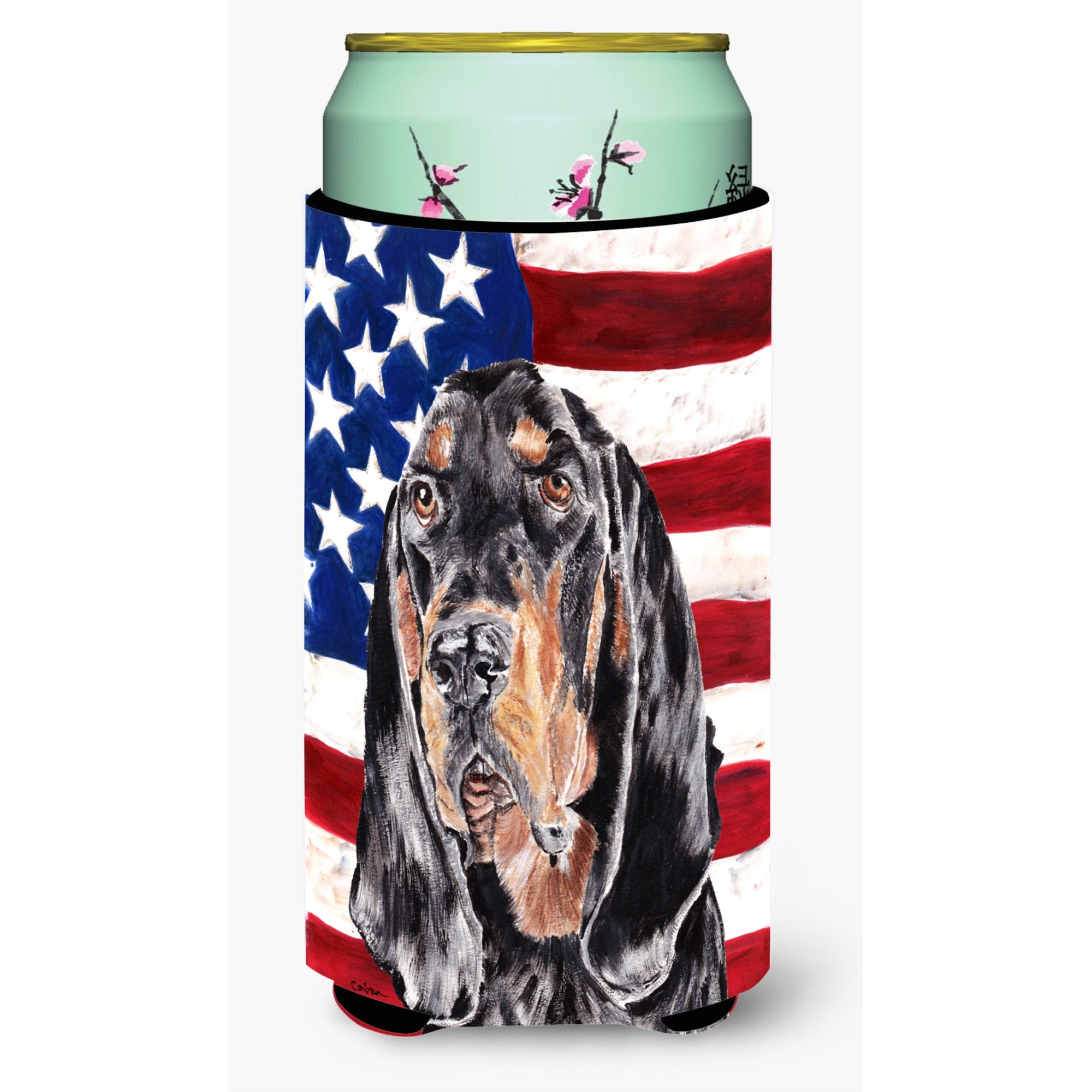 Coonhound Black And Tan Usa American Flag Tall Boy Beverage Insulator Beverage Insulator Hugger