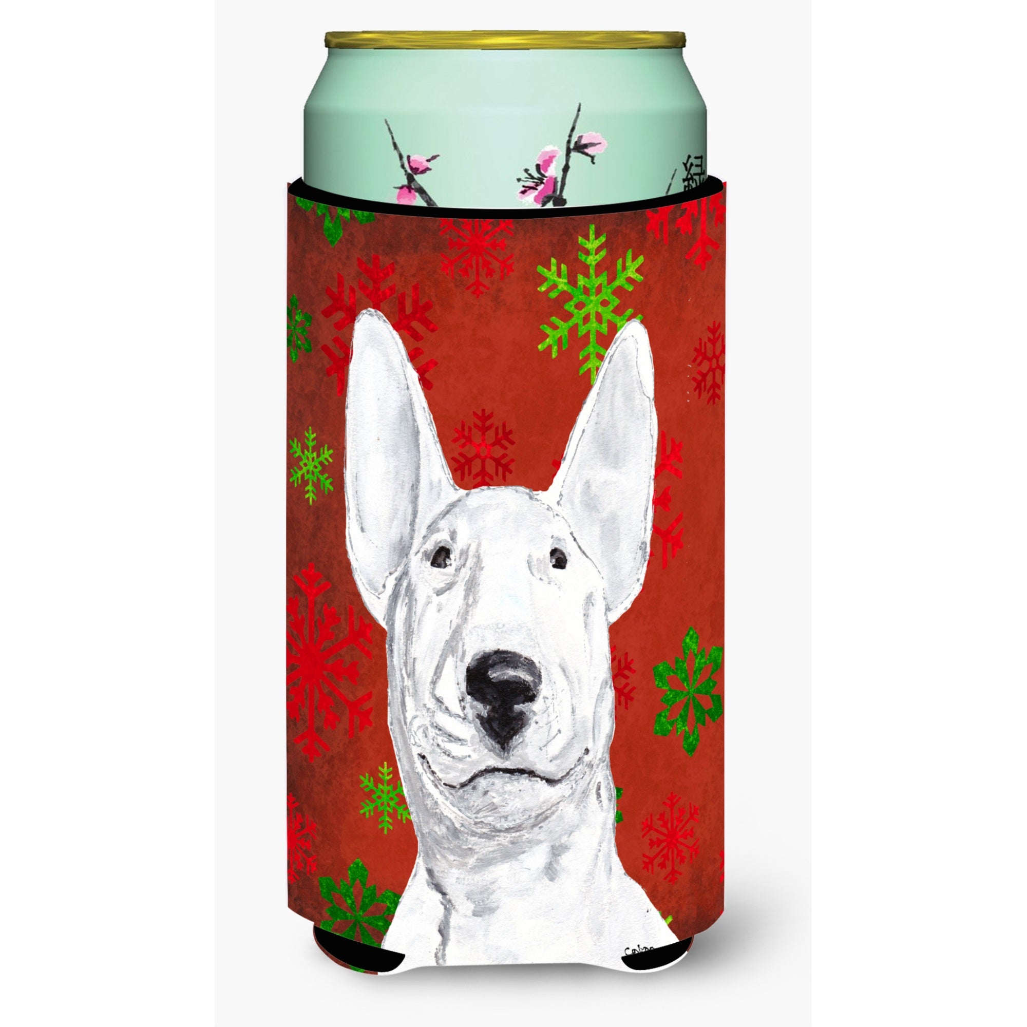 Bull Terrier Red Snowflake Christmas Tall Boy Beverage Insulator Beverage Insulator Hugger