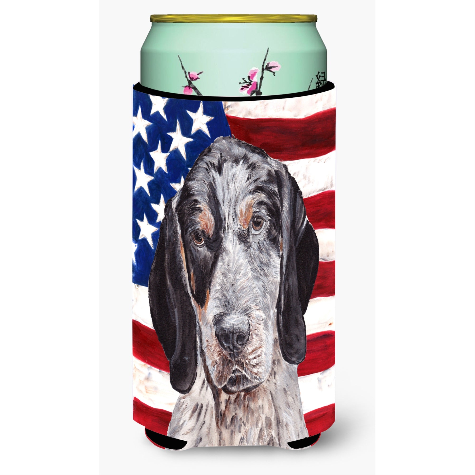 Blue Tick Coonhound with American Flag USA Tall Boy Beverage Insulator Hugger SC9625TBC