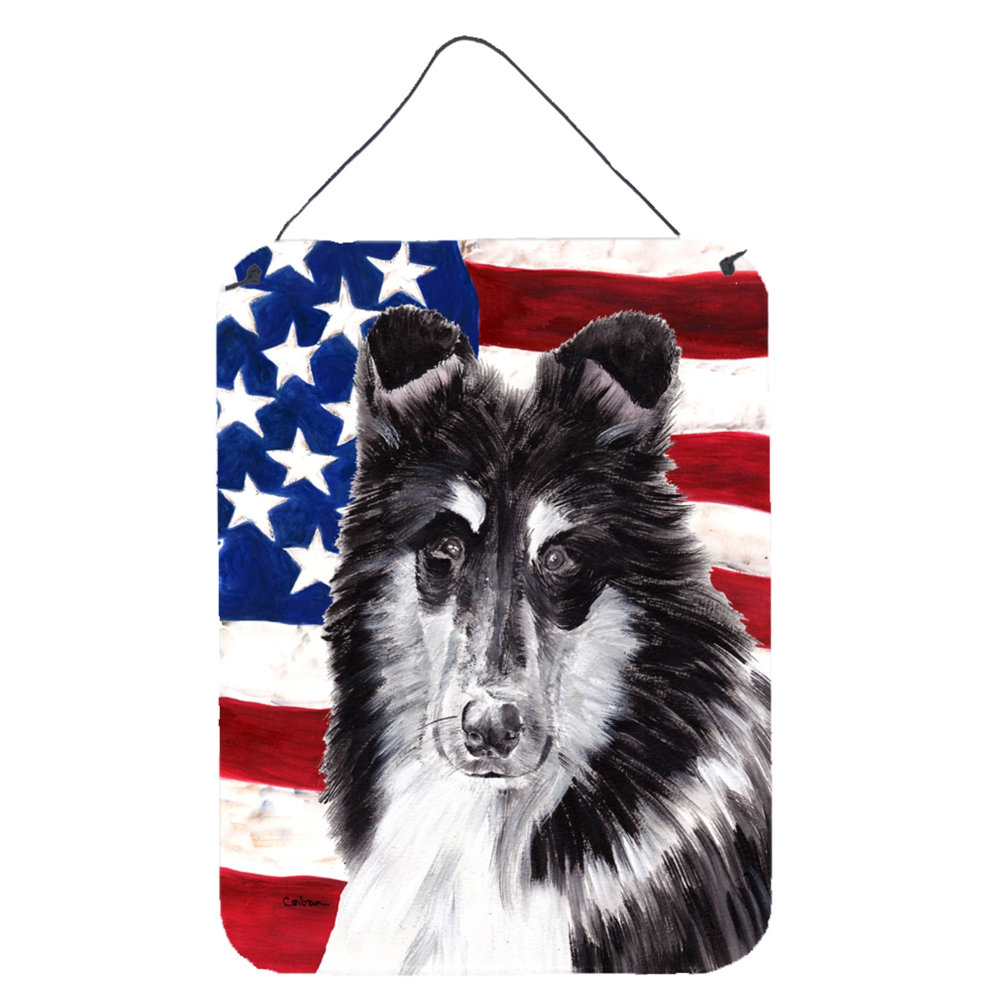 'Caroline'S Treasures Black And White Collie With American Flag Usa Wall Or Door Hanging Prints, 16'''' X 12''''''