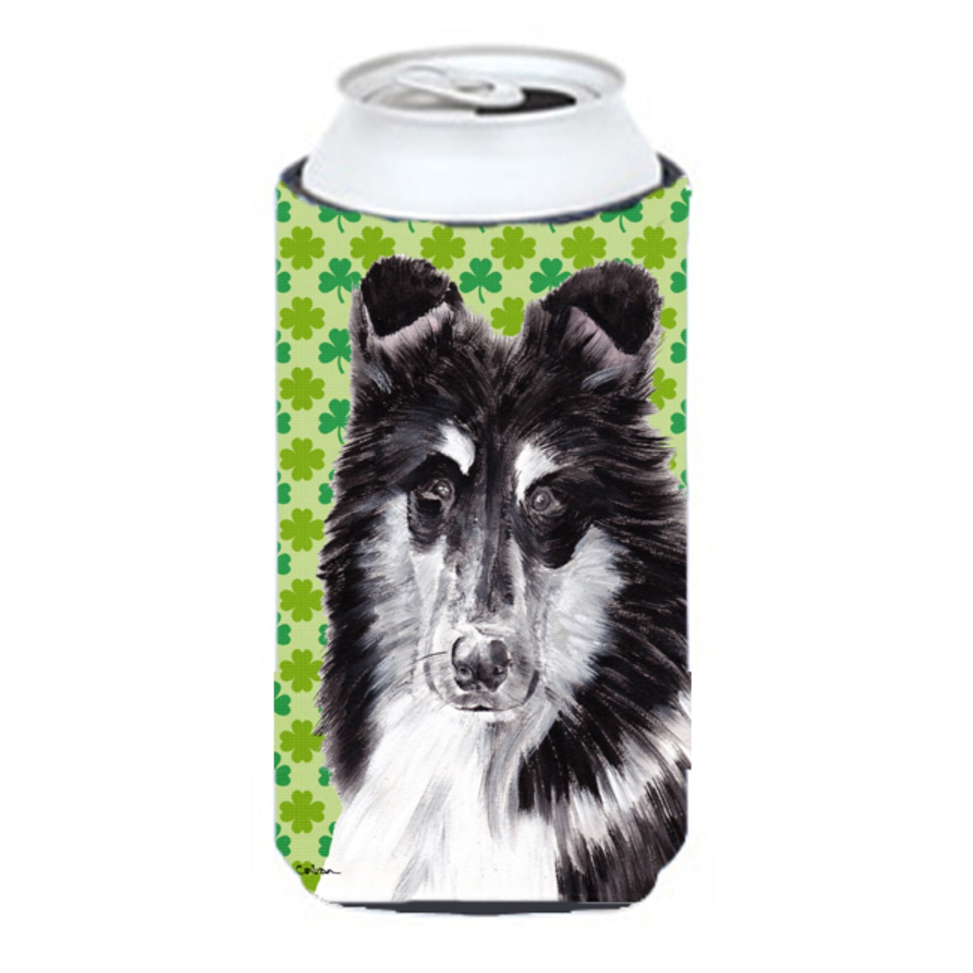 Black And White Collie Lucky Shamrock St. Patrick'S Day Tall Boy Beverage Insulator Hugger Sc9726Tbc