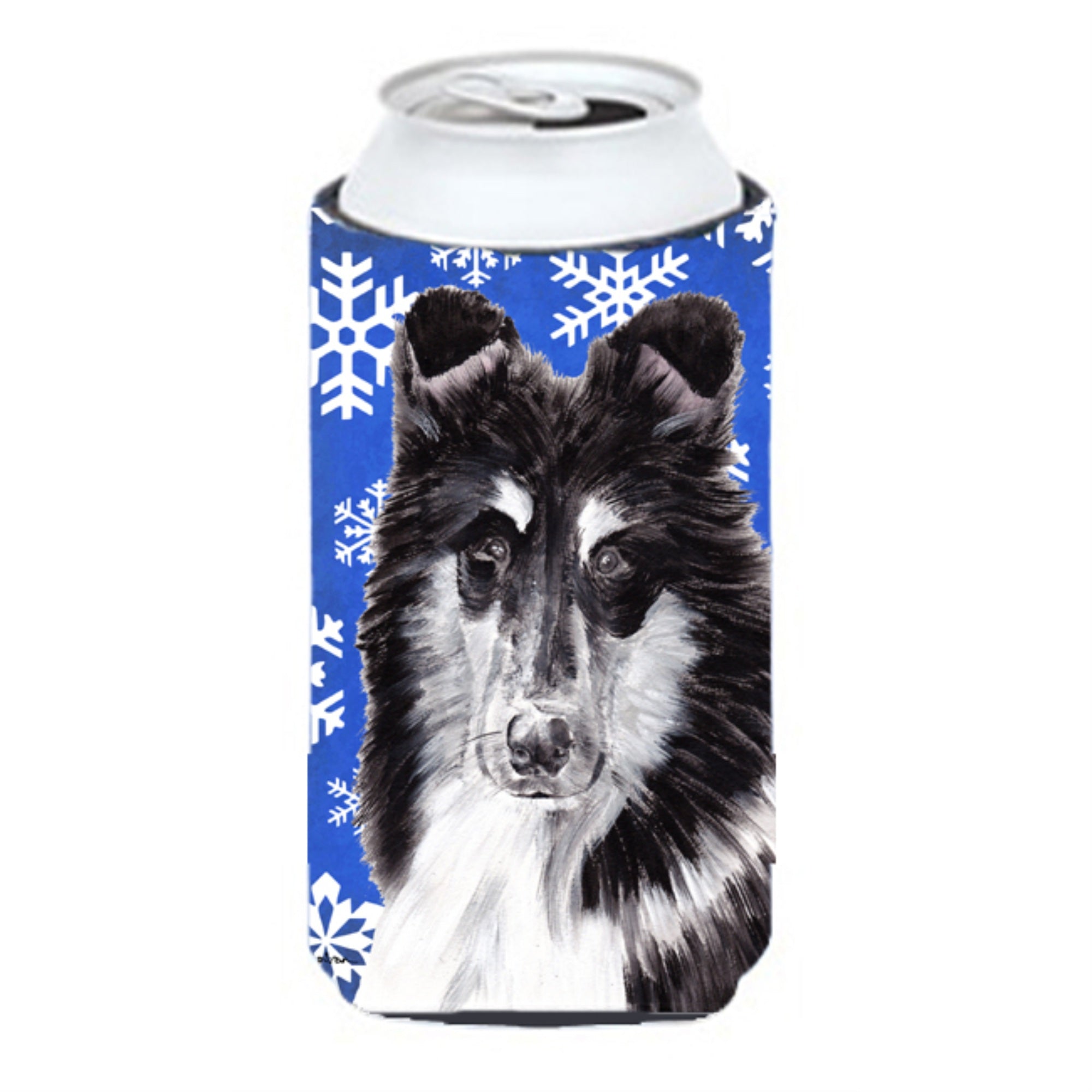 Black and White Collie Winter Snowflakes Tall Boy Beverage Insulator Hugger SC9774TBC