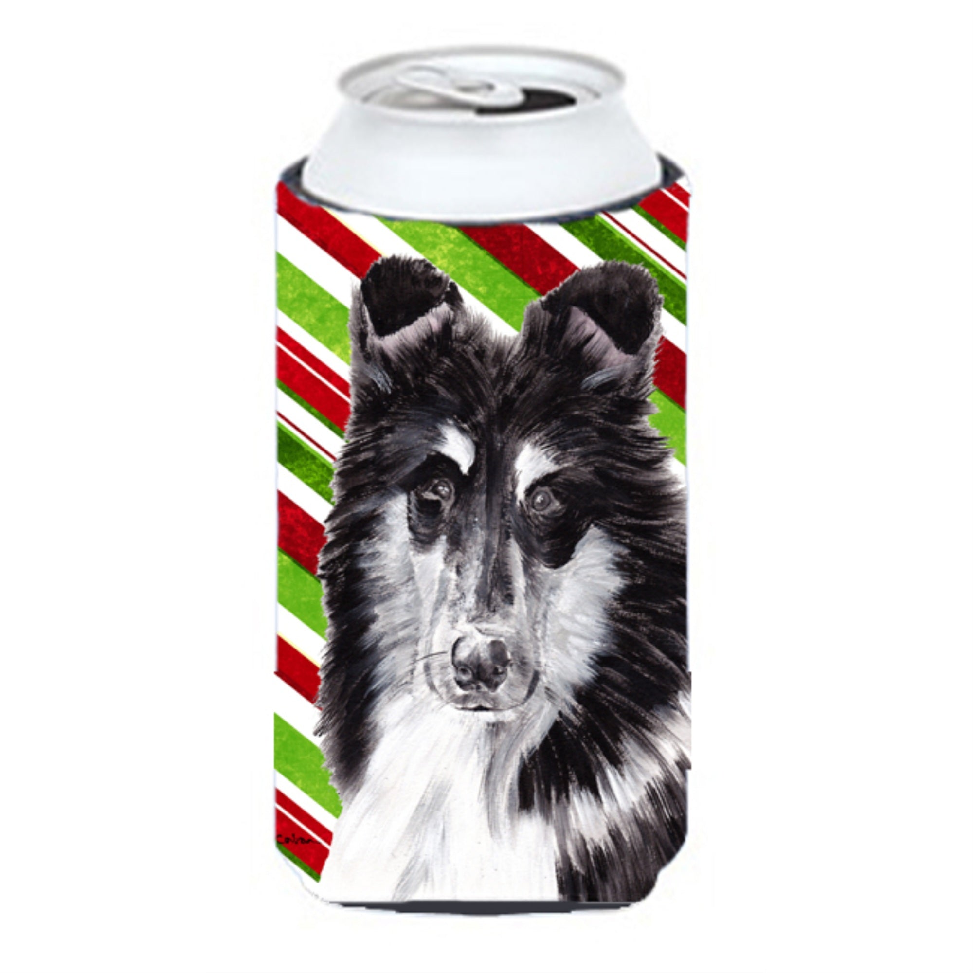 Black and White Collie Candy Cane Christmas Tall Boy Beverage Insulator Hugger SC9798TBC