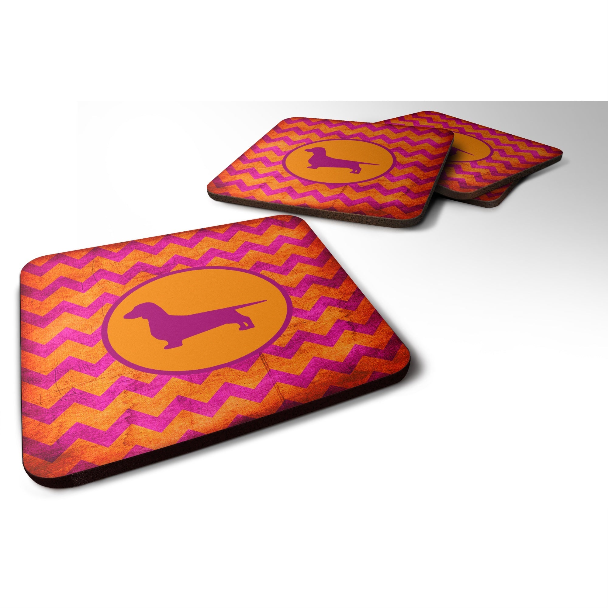 Carolines Treasures SDK1024BFC Dachshund Chevron Pink and Orange Foam Coasters (Set of 4) 3.5 H x 3.5 W Multicolor