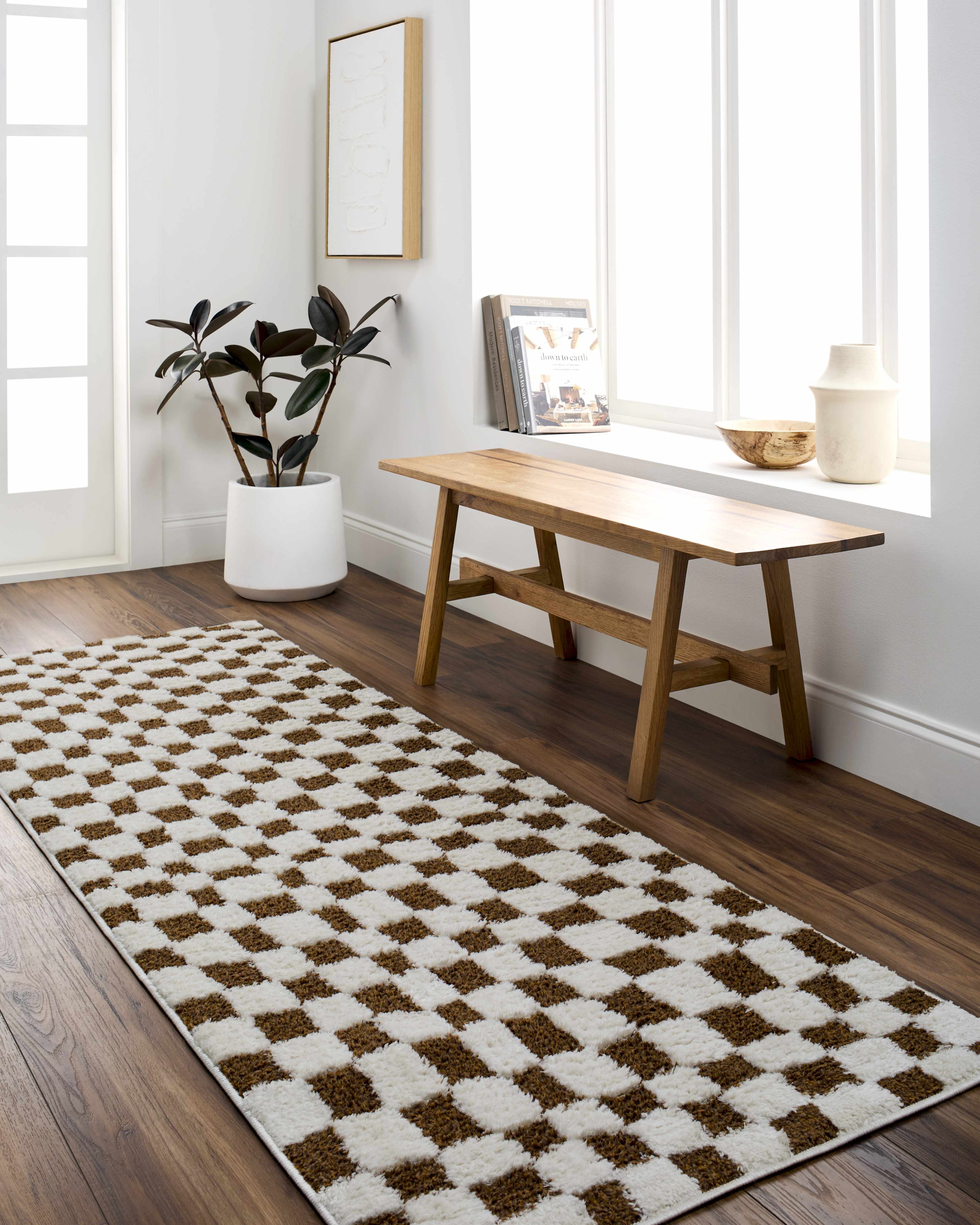 Lajos Brown Checkered 7ft Runner Rug