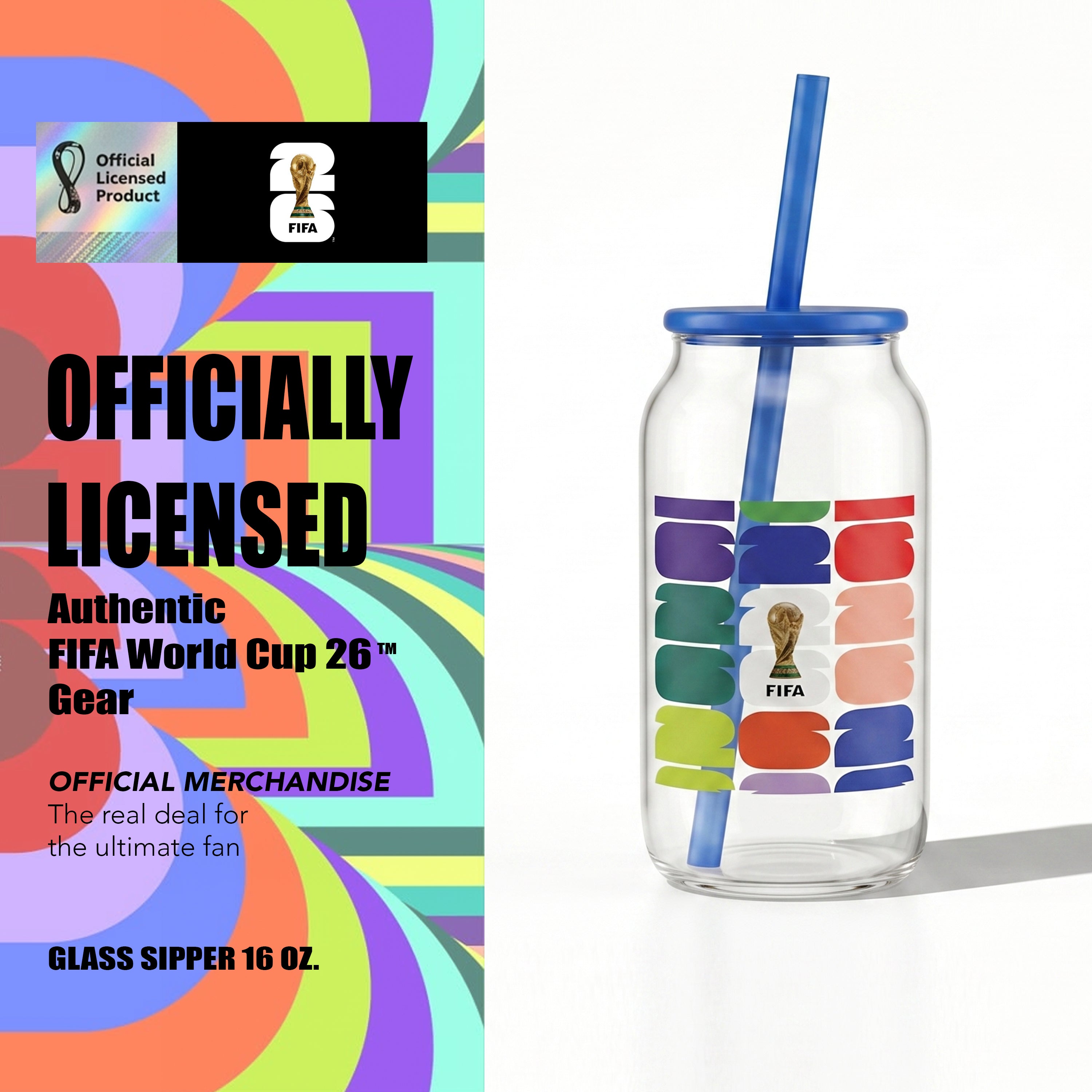 Atelier Sportif Official FIFA Trophy Glass Sipper with Blue Plastic Lid & Straw 18 OZ.