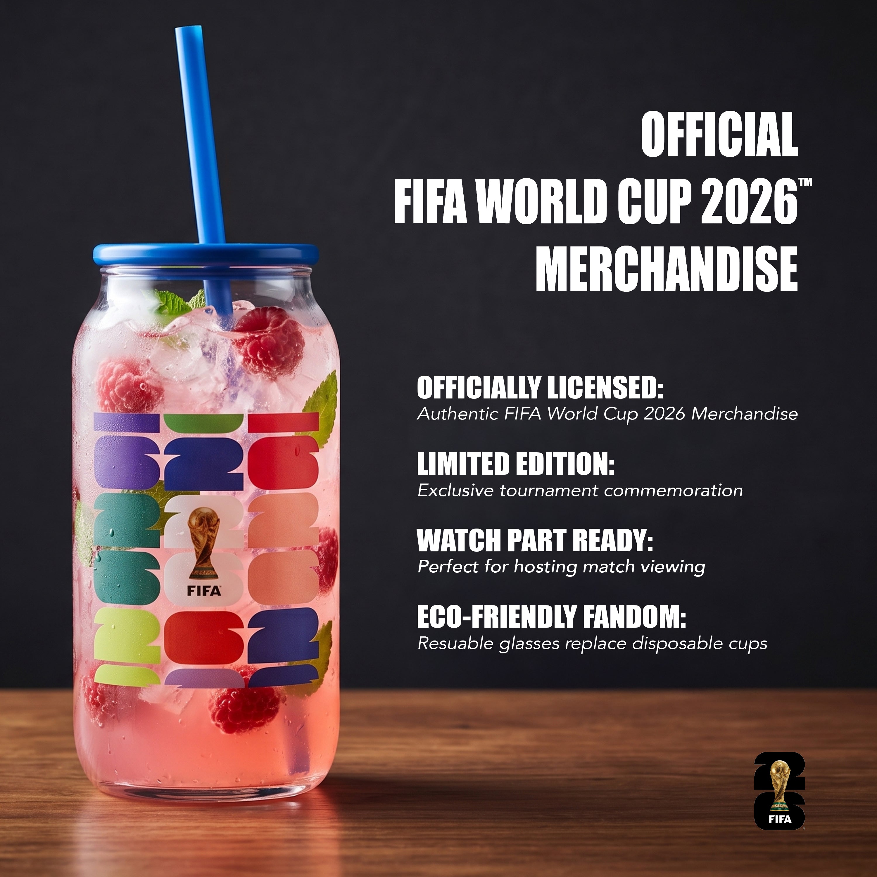Atelier Sportif Official FIFA Trophy Glass Sipper with Blue Plastic Lid & Straw 18 OZ.