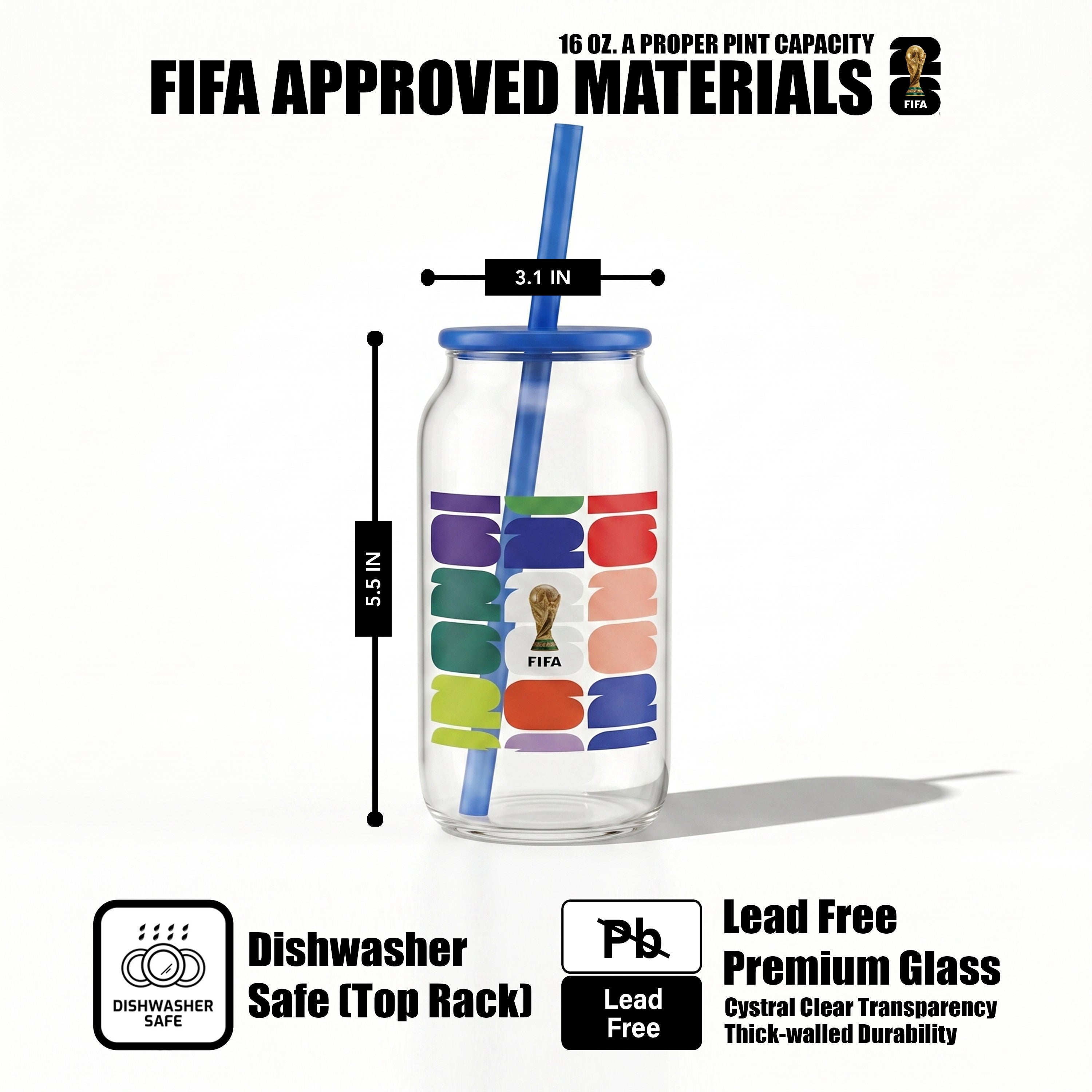 Atelier Sportif Official FIFA Trophy Glass Sipper with Blue Plastic Lid & Straw 18 OZ.