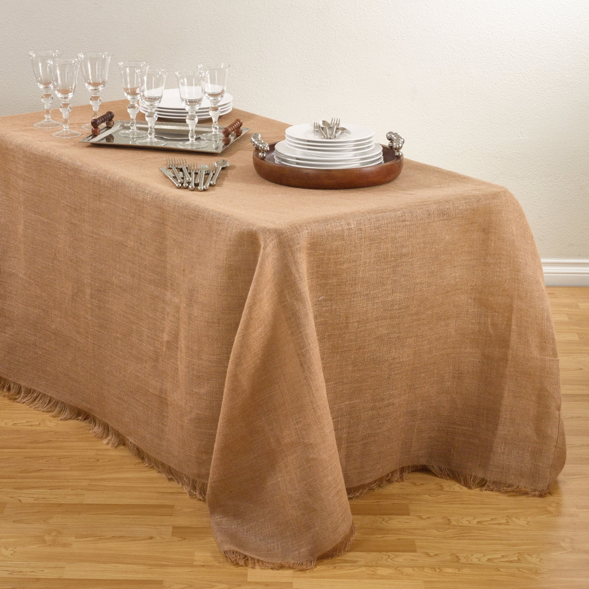 SARO JU209.N90120B 90 x 120 in. Mari Sati Rectangular Fringed Jute Tablecloth - Natural