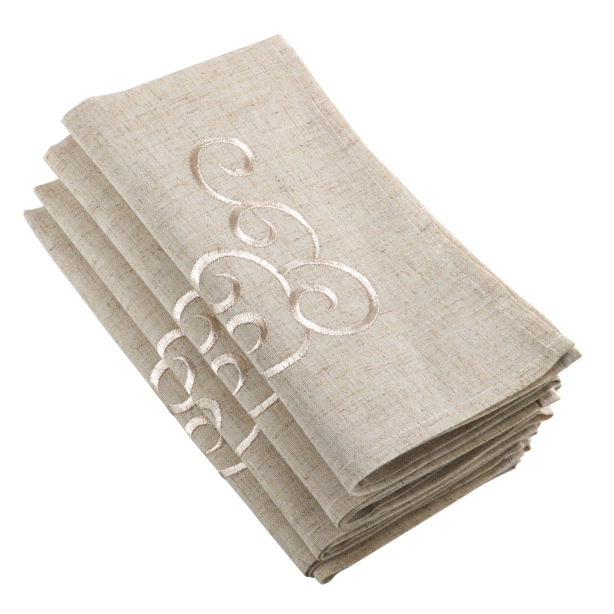 SARO 493.N20S 20 in. Square Embroidered Swirl Design Linen Blend Napkin - Natural  Set of 4