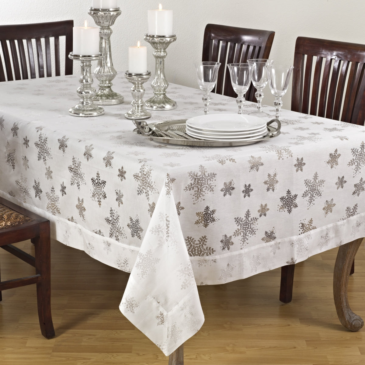 SARO 8000.W70140B 70 x 140 in. Rectangle Holiday Tablecloth with Burnout Snowflake Design  White