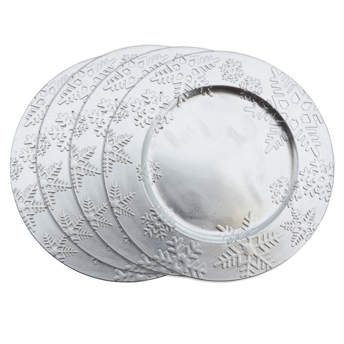 SARO CH332.S13R 13 in. Round Embossed Winter Snowflake Design Charger Plate  Silver  Set of 4
