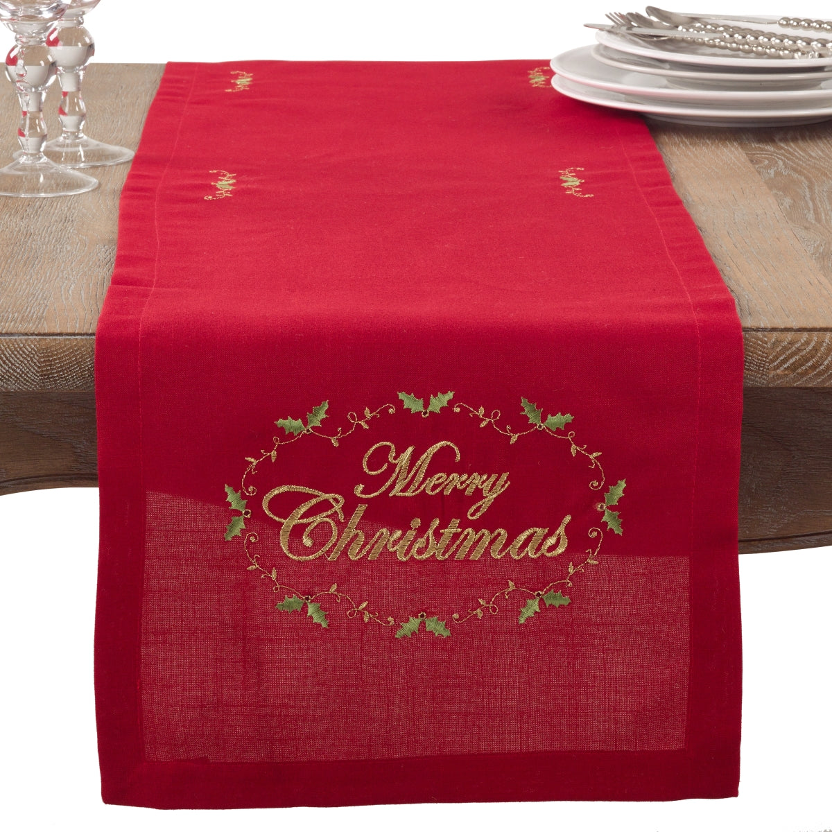 SARO 0141.R1472B Merry Christmas Embroidered Holly Design Table Runner  Red