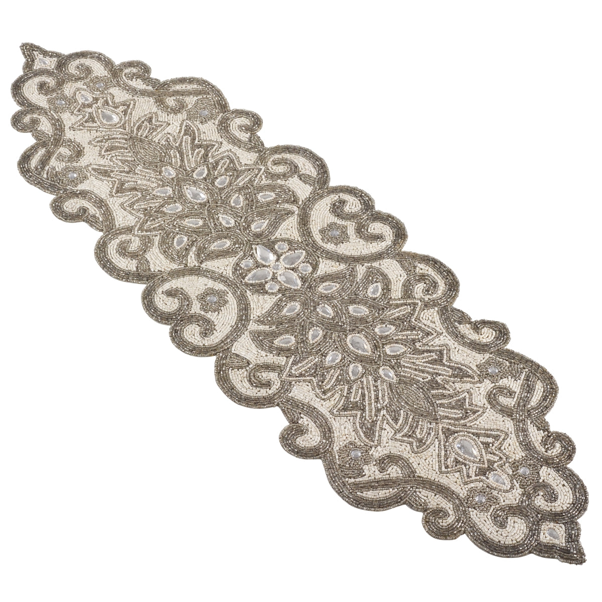 SARO 1049.S1238 Beaded Jeweled Scroll Motif Elegant Glam Design Table Runner - Silver