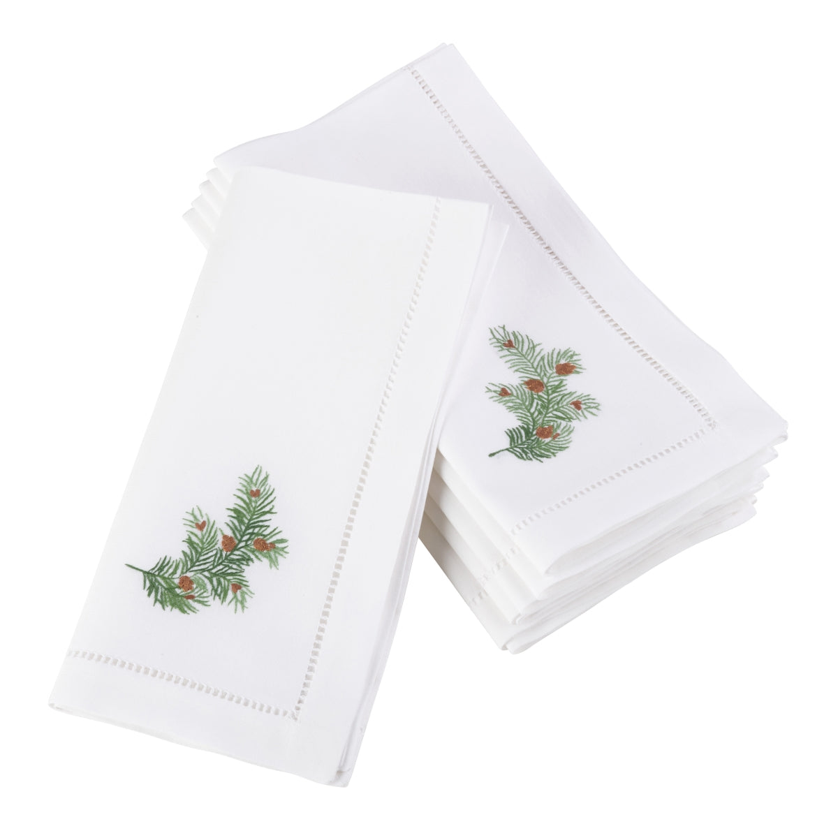 SARO NM107.W20S 20 in. Square Embroidered Pine Leaf Christmas Holiday Hemstitched Border Cotton Napkin  White - Set of 6