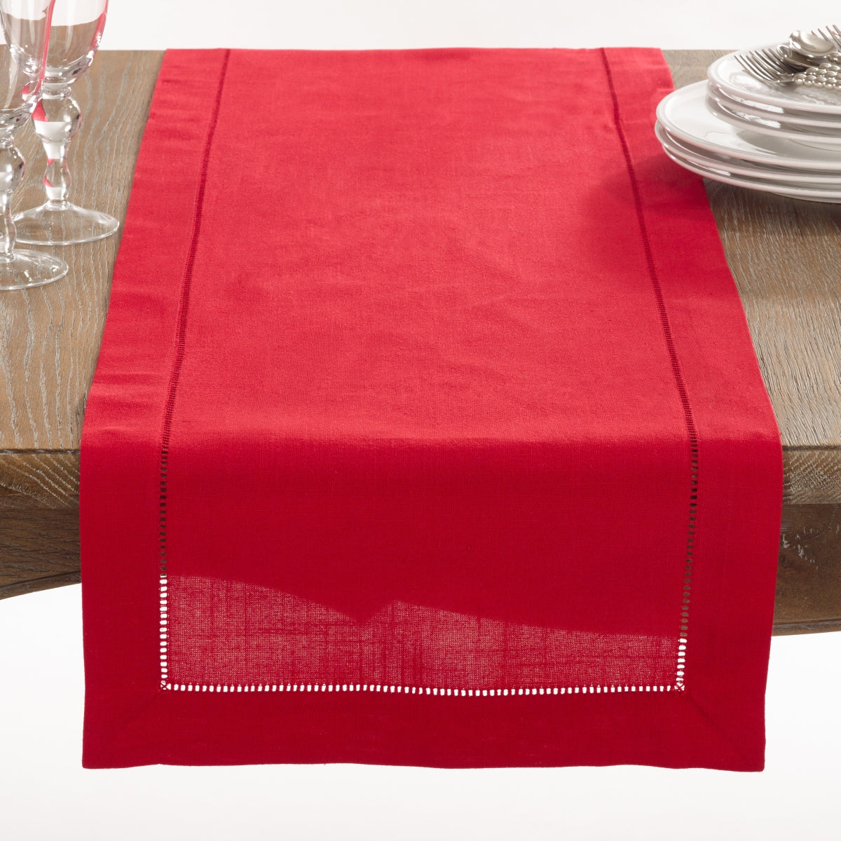 SARO 6301.R16120B Classic Hemstitch Border Table Runner  Red
