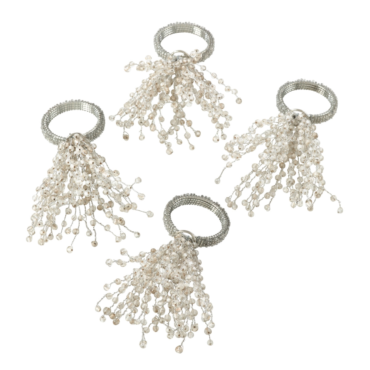SARO NR389.S Beaded Spray Design Napkin Ring  Silver - Set of 4