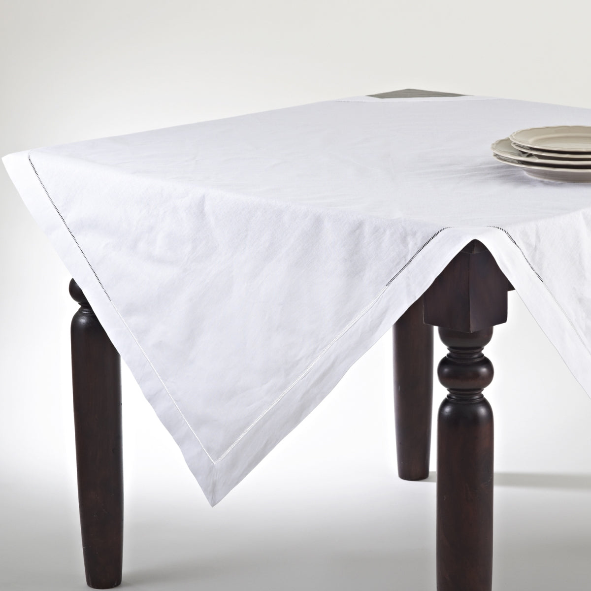 SARO 6100.W54S 54 in. Swiss Dot Square Hemstitched Topper Tablecloth  White