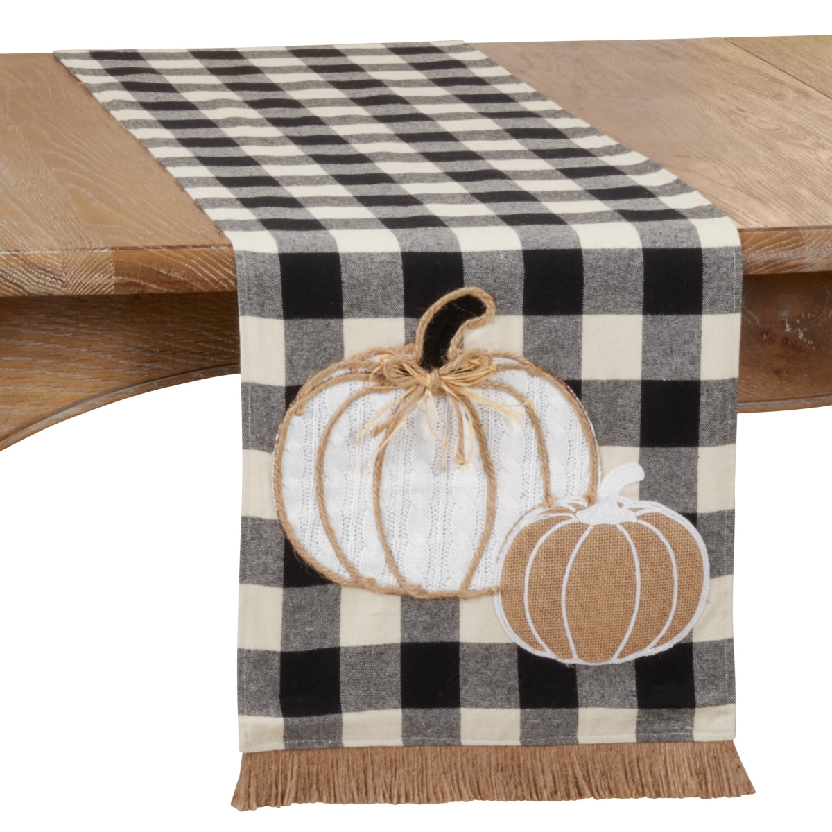 SARO 4165.BW1472B Buffalo Plaid Table Runner with Pumpkin Design