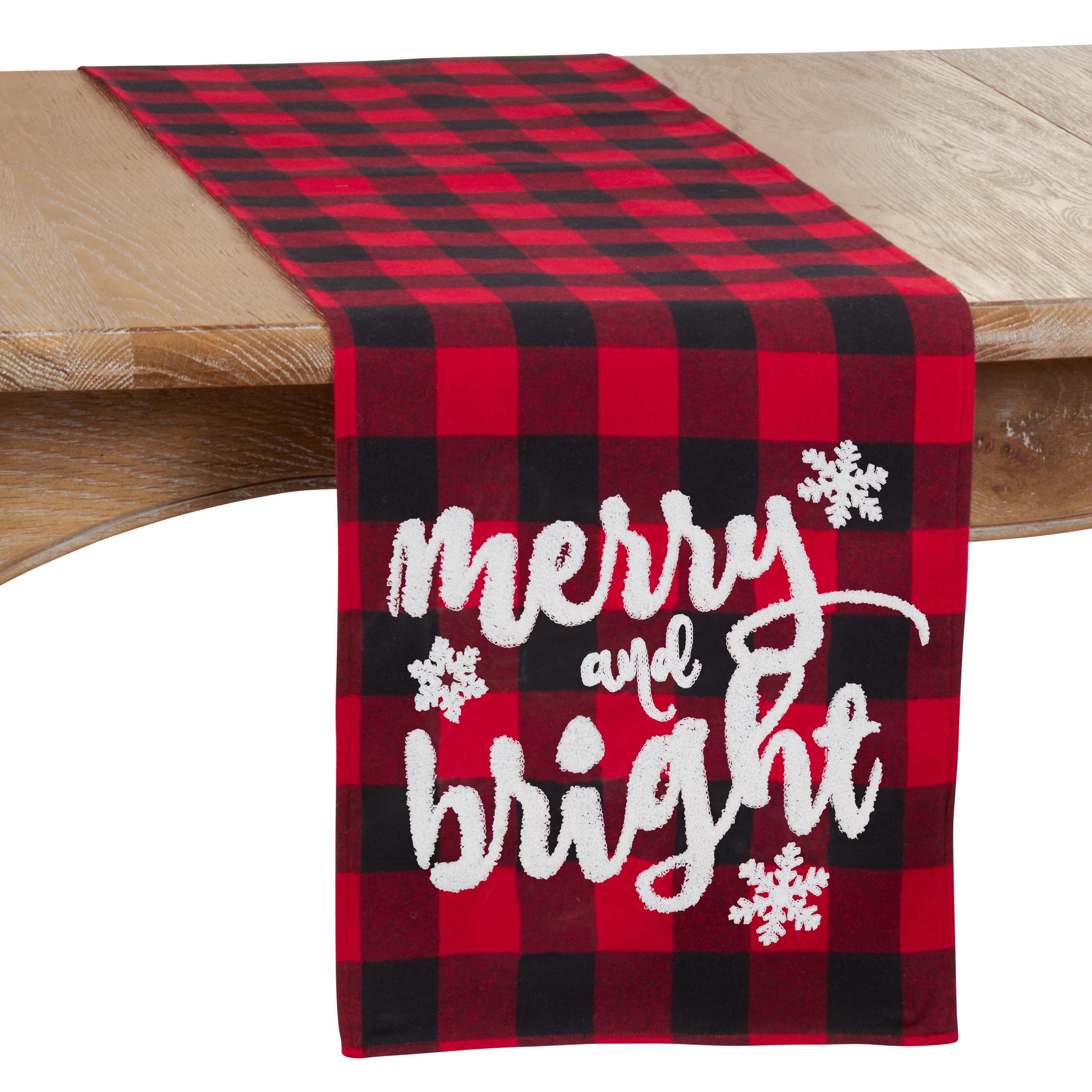 SARO 6622.R1472B Buffalo Plaid Table Runner with Merry &amp; Bright Design