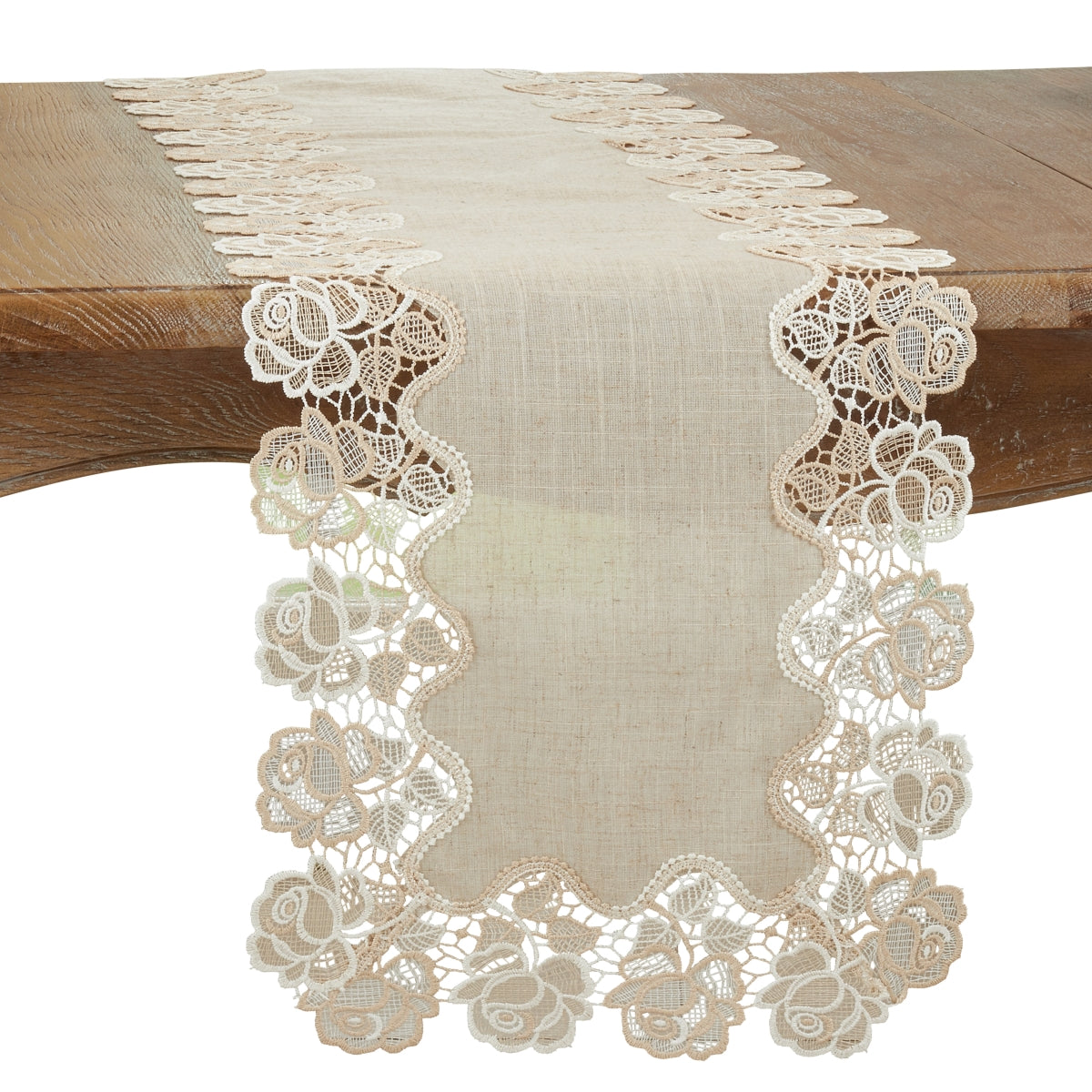 Saro 7082.N1654B 16 x 54 in. Lace Rose Border Oblong Table Runner  Natural