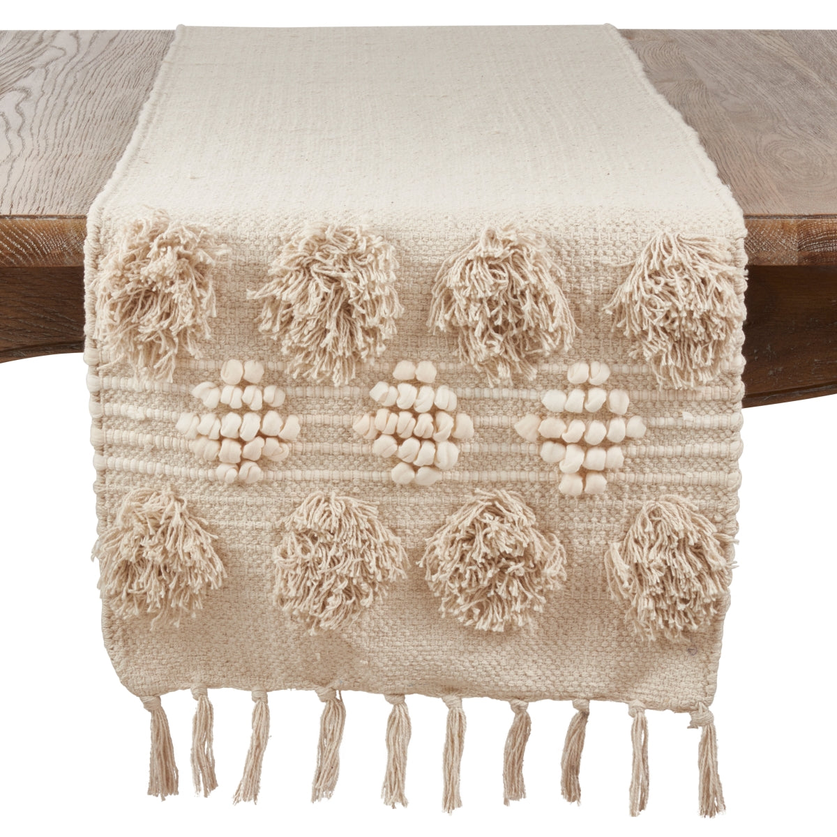 Saro Lifestyle 3201.I16108B 16 x 72 in. Pom Pom Moroccan Cotton Runner  OffWhite