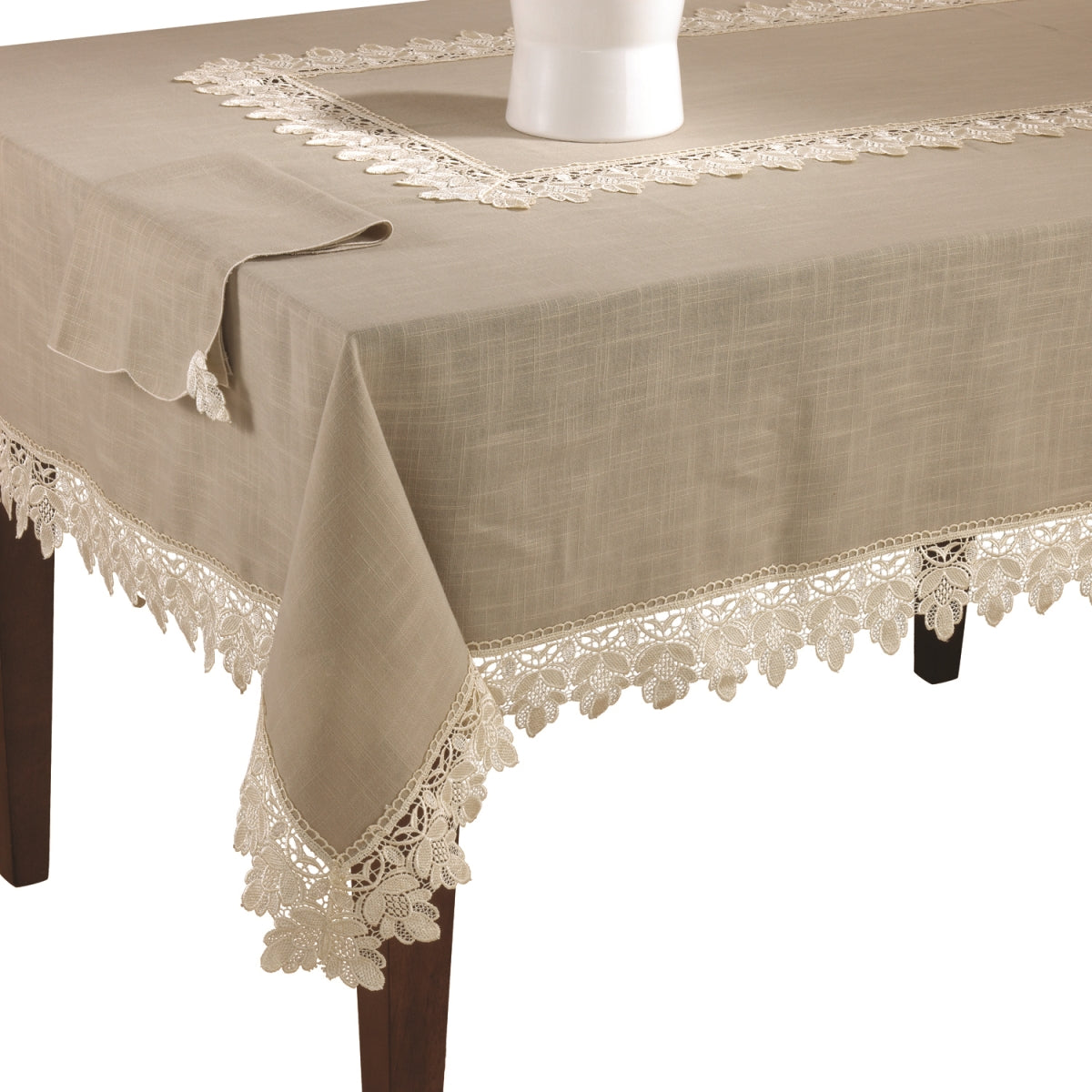 SARO 9212.T65180B 65 x 180 in. Rectangle Lace Trimmed Tablecloth - Taupe &amp; White