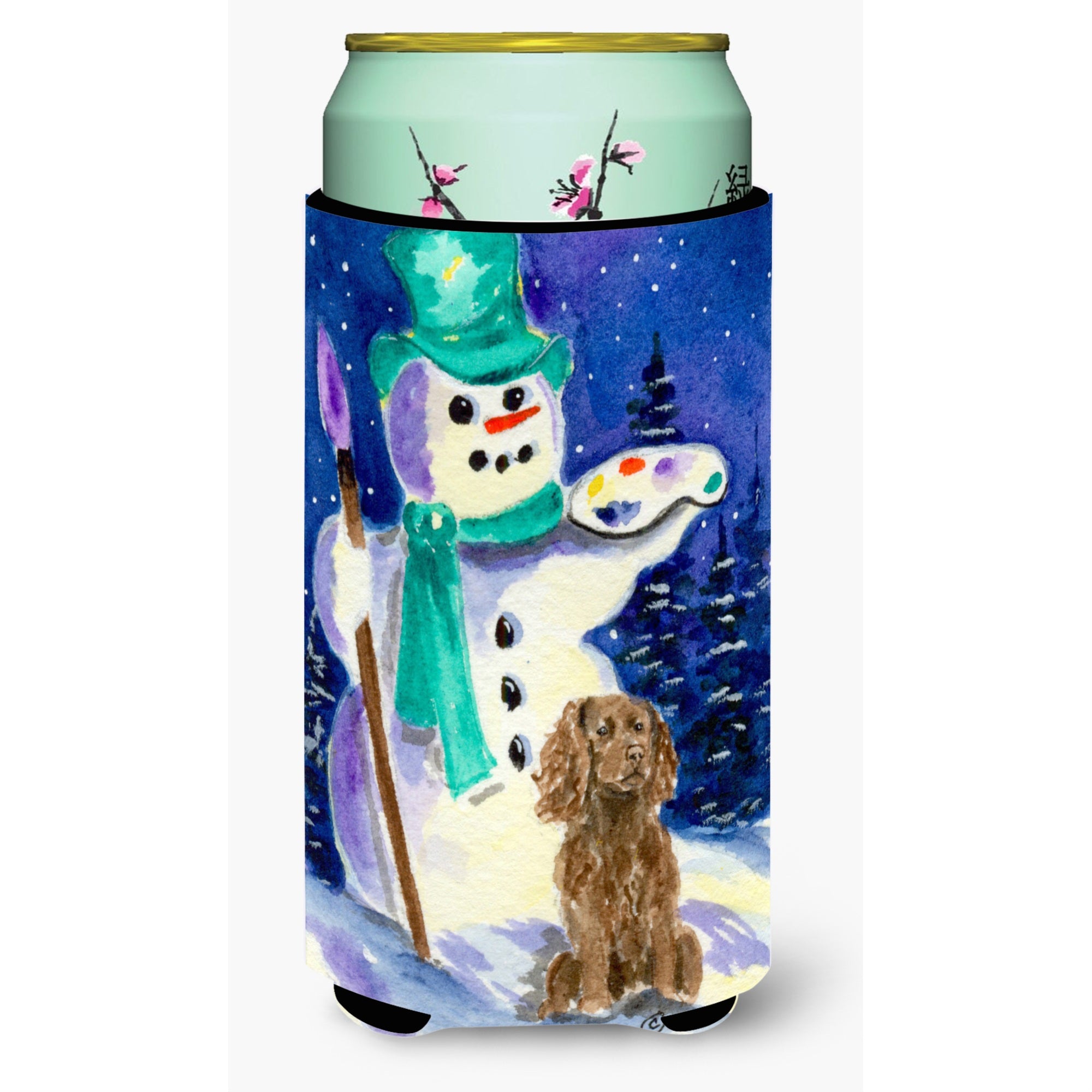 Artist Snowman With Boykin Spaniel  Tall Boy Beverage Insulator Beverage Insulator Hugger