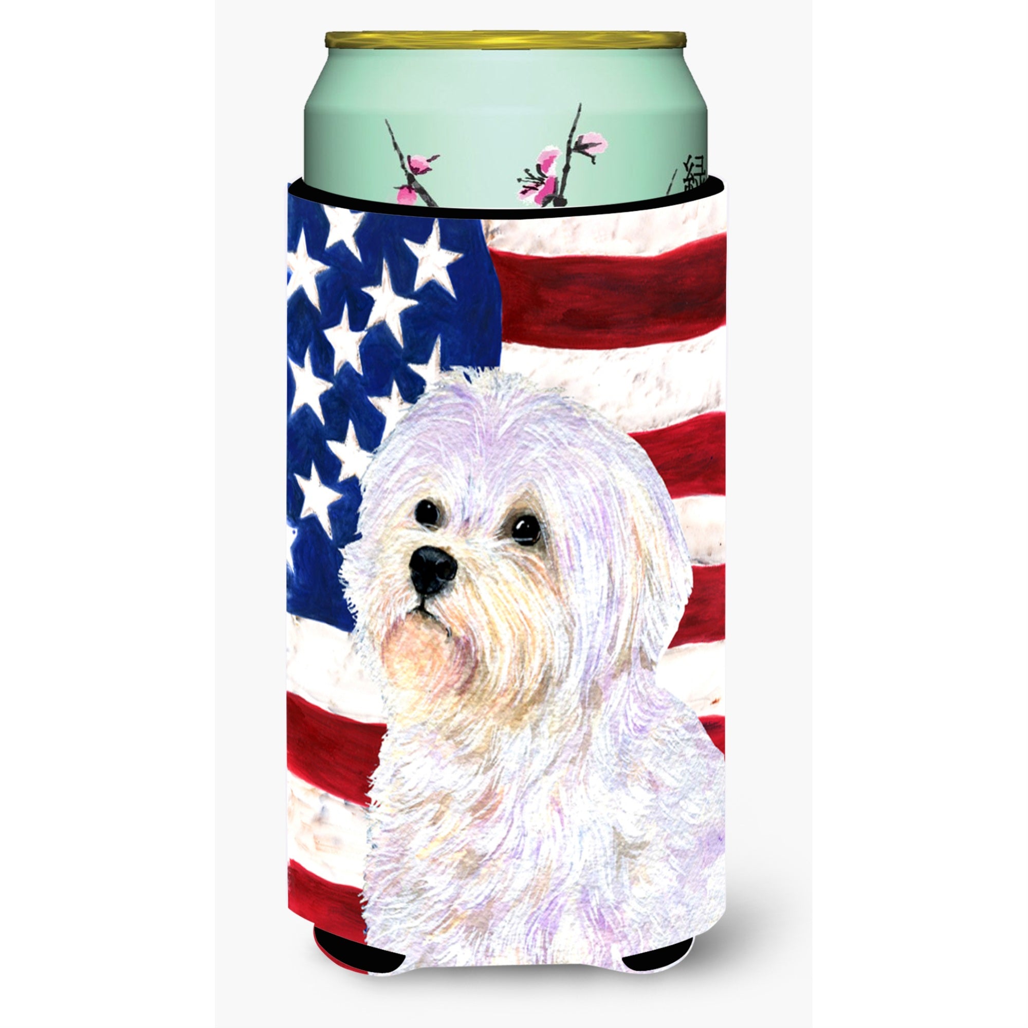 Usa American Flag With Maltese  Tall Boy Beverage Insulator Beverage Insulator Hugger