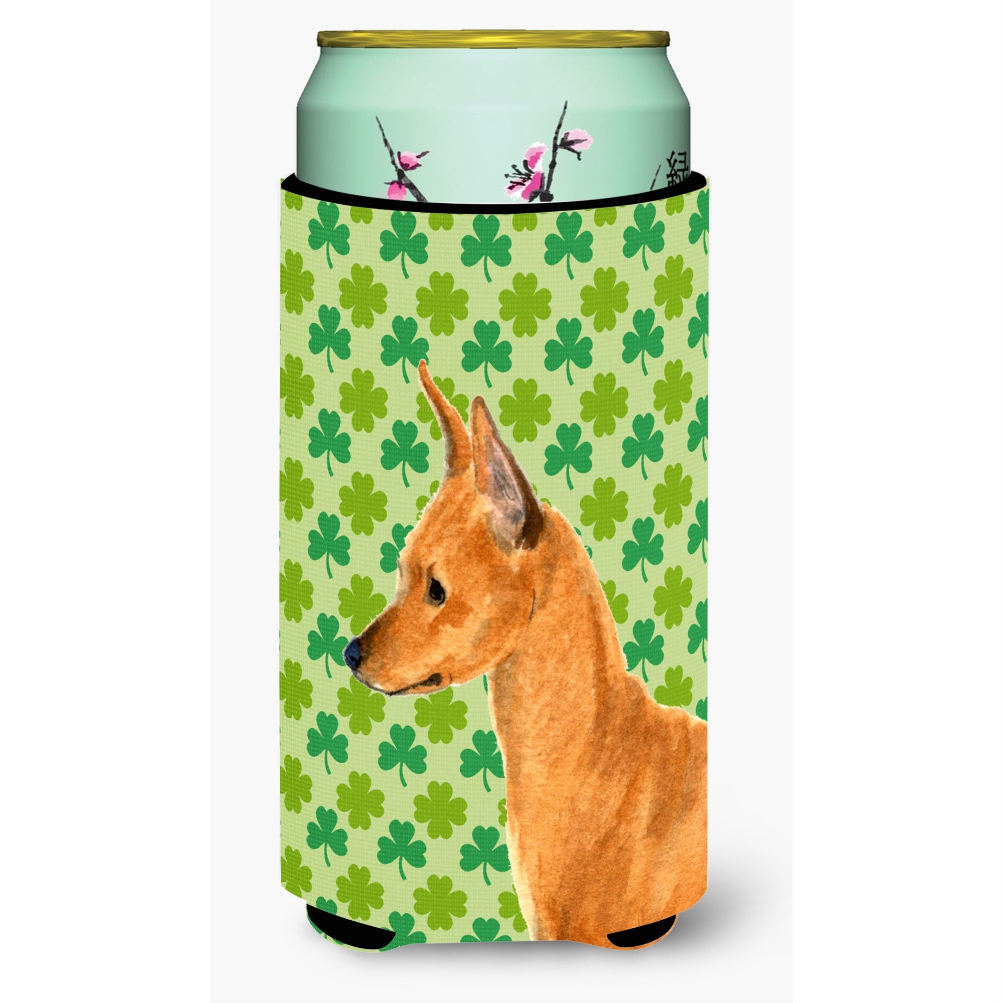Min Pin St. Patricks Day Shamrock Portrait  Tall Boy Beverage Insulator Beverage Insulator Hugger