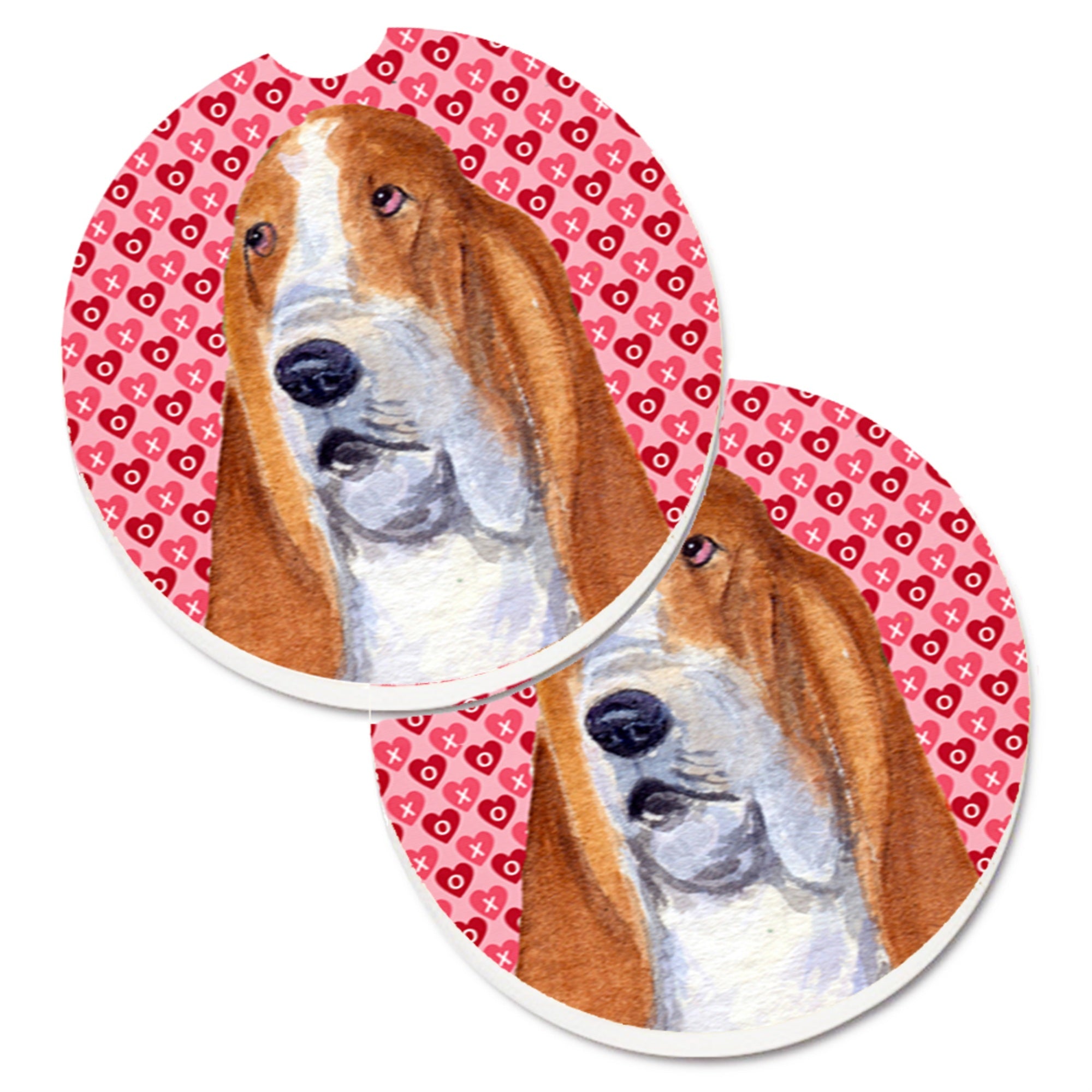 Carolines Treasures Basset Hound Hearts Love & Valentines Day Portrait Set of 2 Cup Holder Car Coasters SS4528CARC2.56 Multico