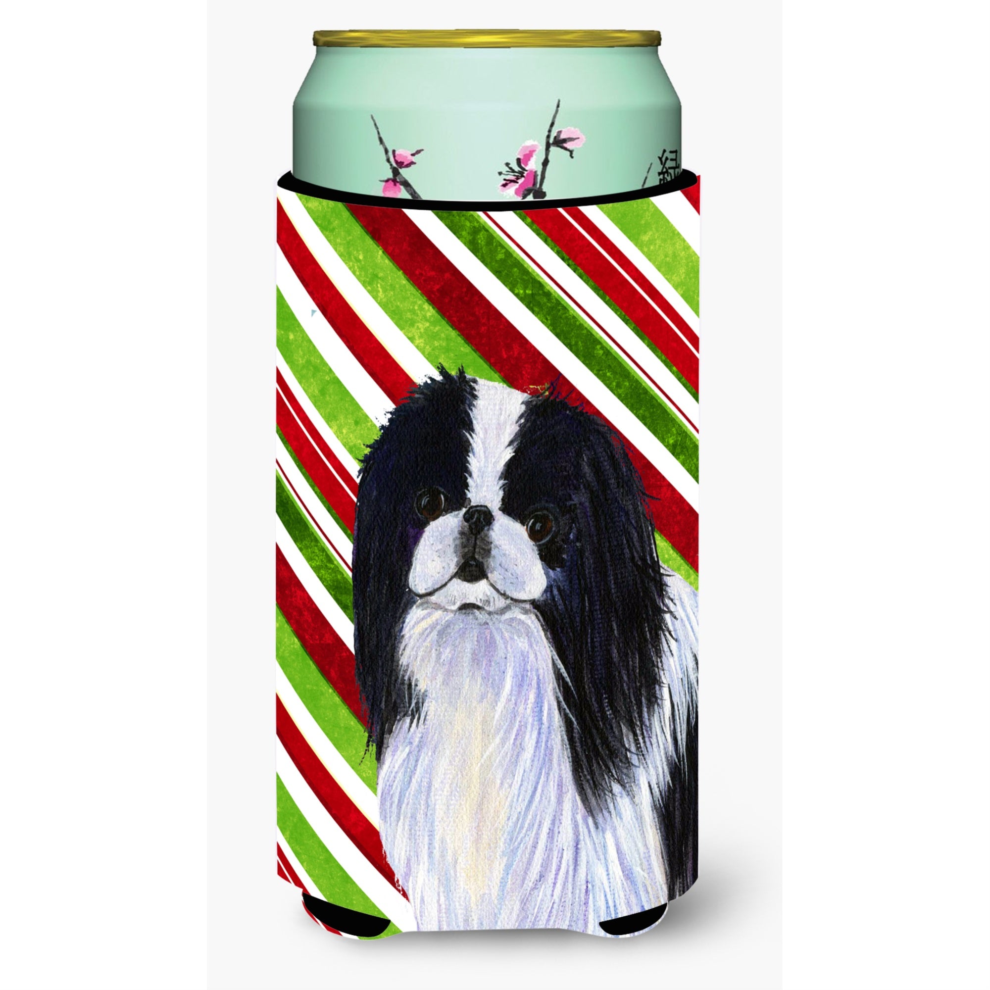 Japanese Chin Candy Cane Holiday Christmas  Tall Boy Beverage Insulator Beverage Insulator Hugger