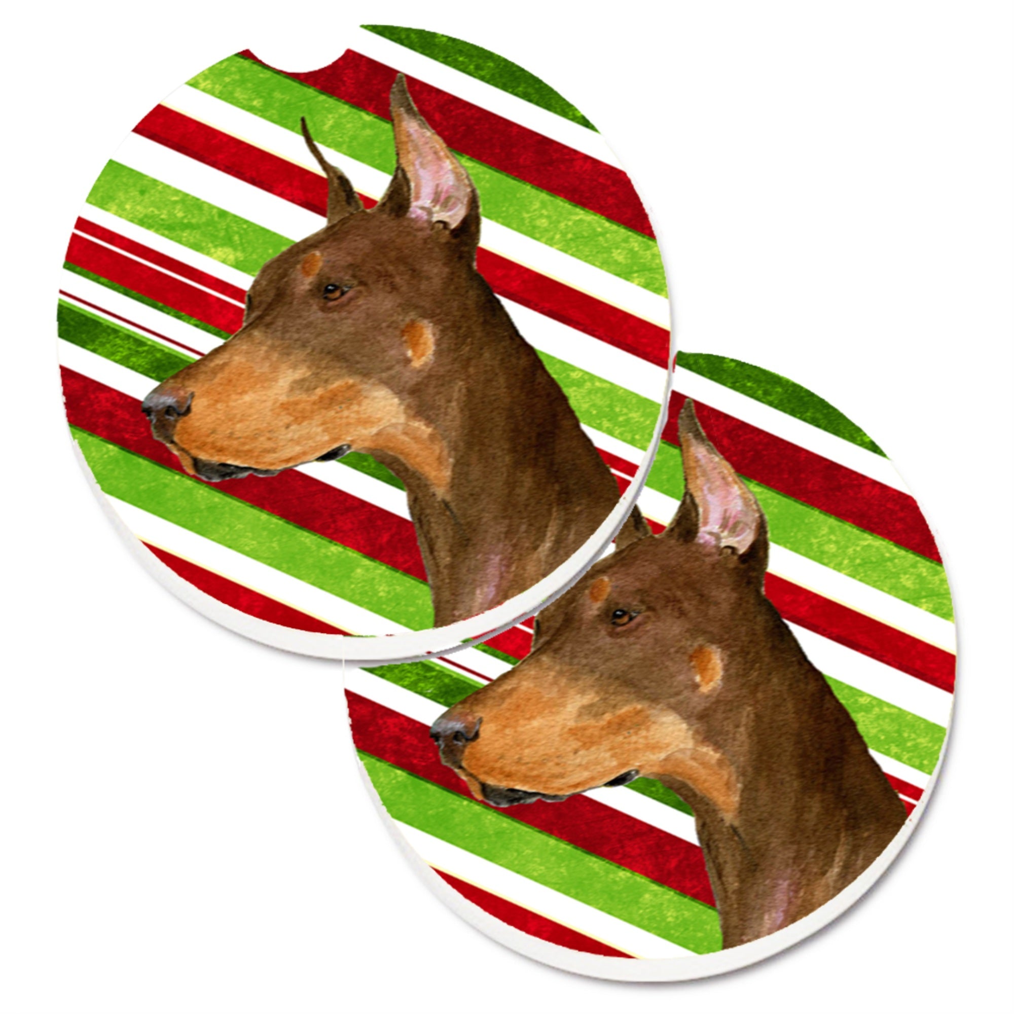 Carolines Treasures Doberman Candy Cane Holiday Christmas Set of 2 Cup Holder Car Coasters SS4537CARC2.56 Multicolor